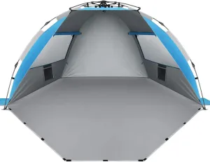 Oileus X-Large 4 Person Beach Tent Sun Shelter - Portable Sun Shade Instant Tent for Beach with Carrying Bag, Stakes, 6 Sand Pockets, Anti UV for Fishing Hiking Camping, Waterproof Windproof, Blue