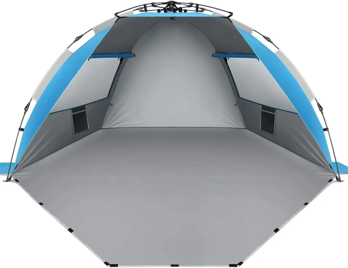 Oileus X-Large 4 Person Beach Tent Sun Shelter - Portable Sun Shade Instant Tent for Beach with Carrying Bag, Stakes, 6 Sand Pockets, Anti UV for Fishing Hiking Camping, Waterproof Windproof, Blue