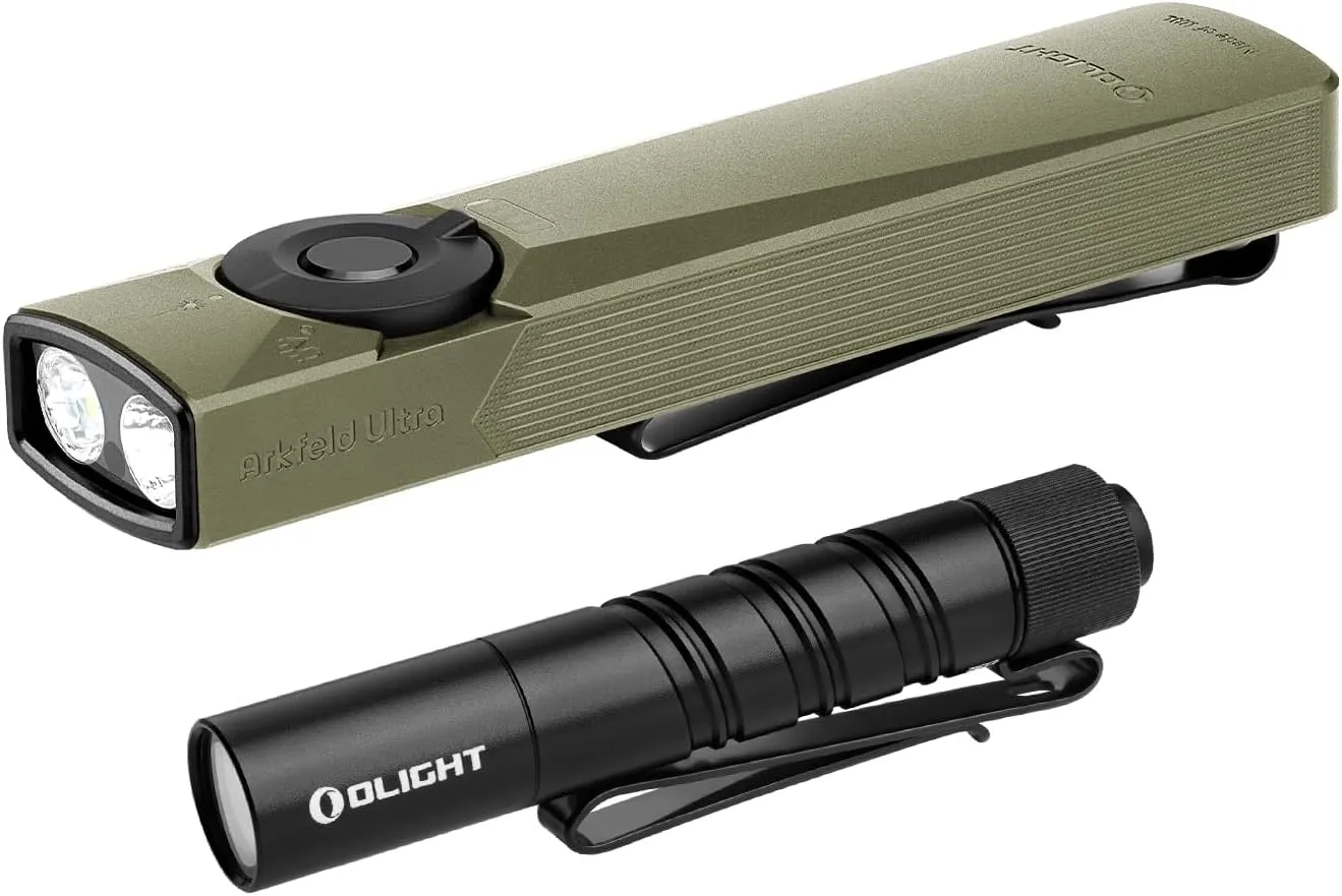 OLIGHT Arkfeld Ultra Cool White 1400 Lumens EDC Flat Flashlight Bundle with I3T 2 EOS Pocket Flash Light, 200 Lm Black