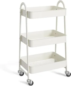 OLIXIS 3 Tier Utility Rolling Cart, Metal Mobile Storage Shelf with Lockable Caster Wheels, Organization for Livingroom, Bathroom, Kitchen, & Narrow Places, Ivory