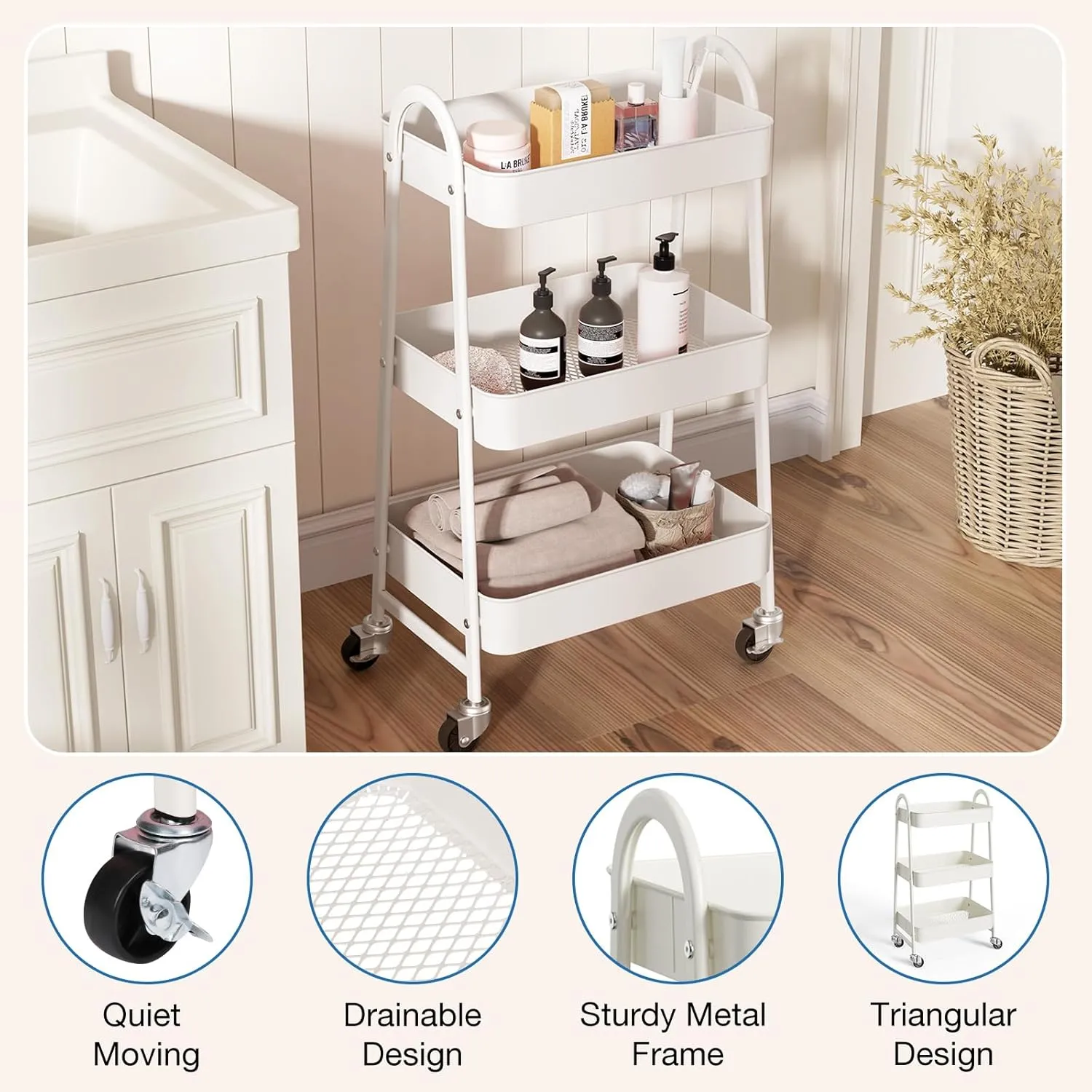 OLIXIS 3 Tier Utility Rolling Cart, Metal Mobile Storage Shelf with Lockable Caster Wheels, Organization for Livingroom, Bathroom, Kitchen, & Narrow Places, Ivory