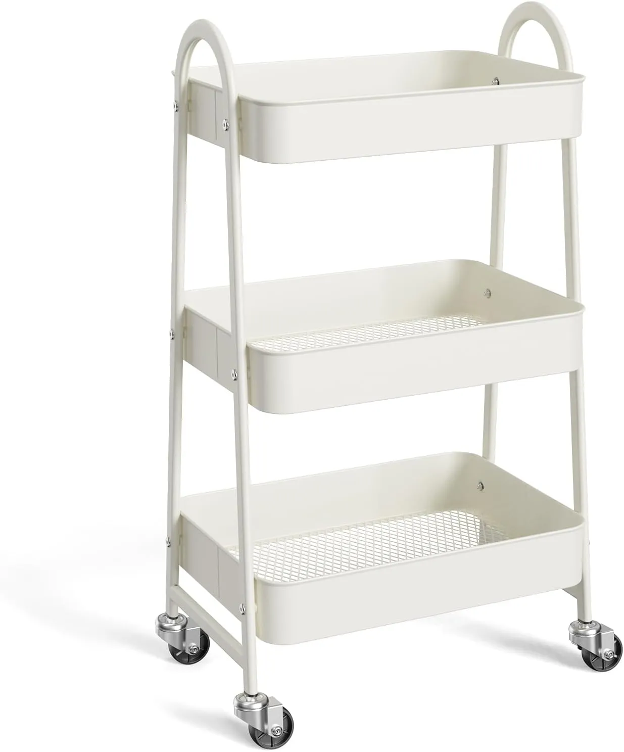 OLIXIS 3 Tier Utility Rolling Cart, Metal Mobile Storage Shelf with Lockable Caster Wheels, Organization for Livingroom, Bathroom, Kitchen, & Narrow Places, Ivory