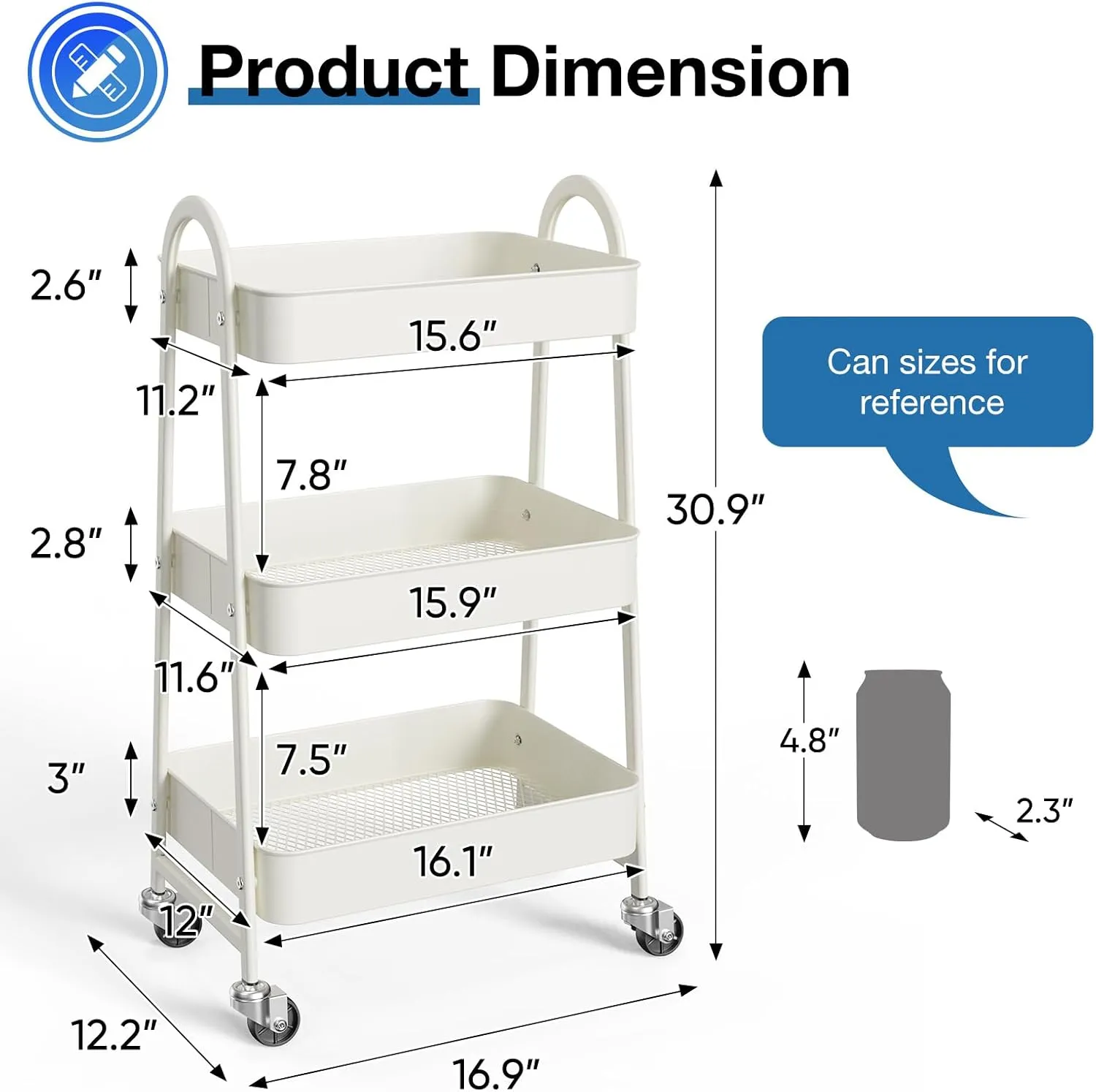 OLIXIS 3 Tier Utility Rolling Cart, Metal Mobile Storage Shelf with Lockable Caster Wheels, Organization for Livingroom, Bathroom, Kitchen, & Narrow Places, Ivory