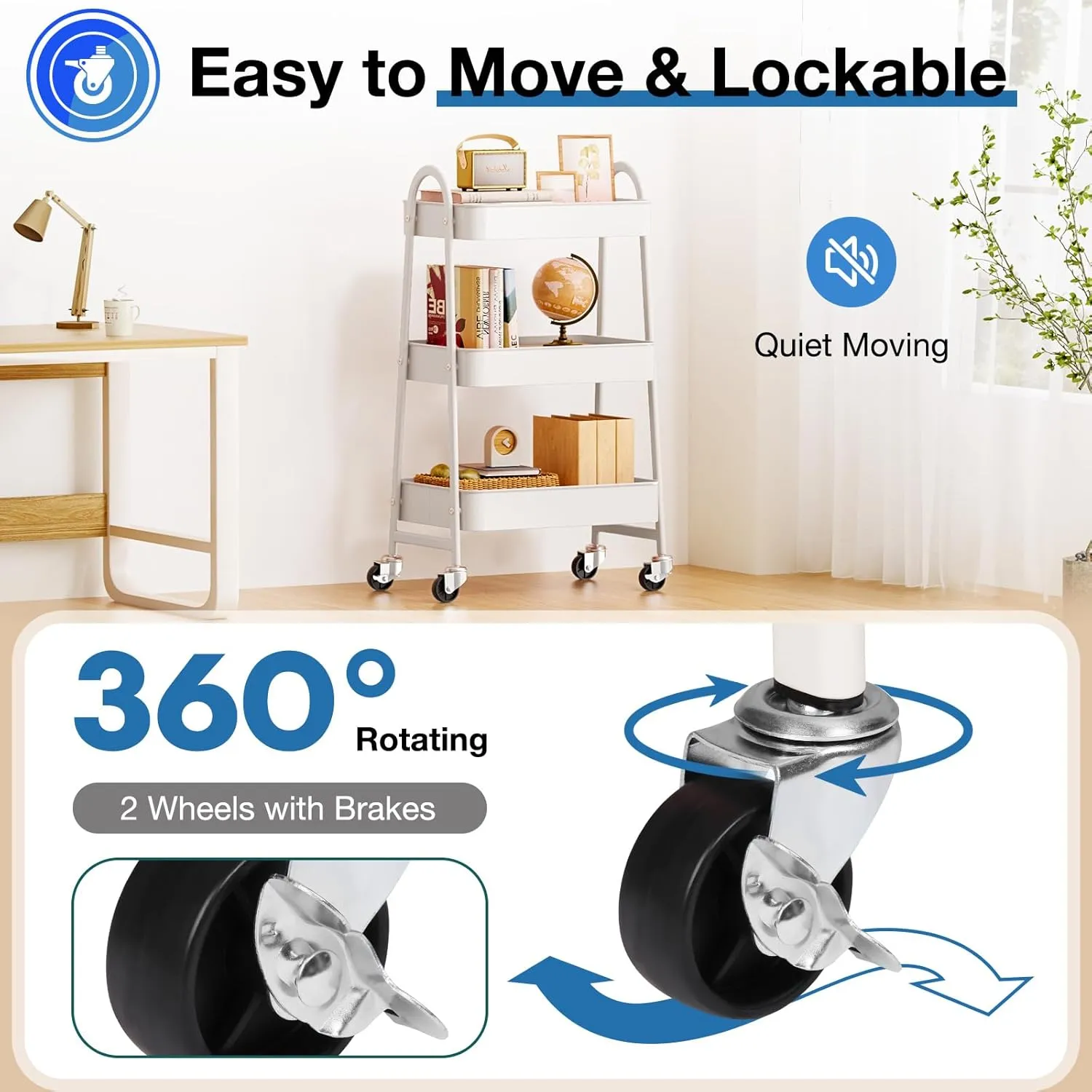 OLIXIS 3 Tier Utility Rolling Cart, Metal Mobile Storage Shelf with Lockable Caster Wheels, Organization for Livingroom, Bathroom, Kitchen, & Narrow Places, Ivory
