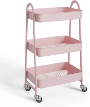 OLIXIS 3 Tier Utility Rolling Cart, Metal Mobile Storage Shelf with Lockable Caster Wheels, Organization for Livingroom, Bathroom, Kitchen, & Narrow Places, Peach