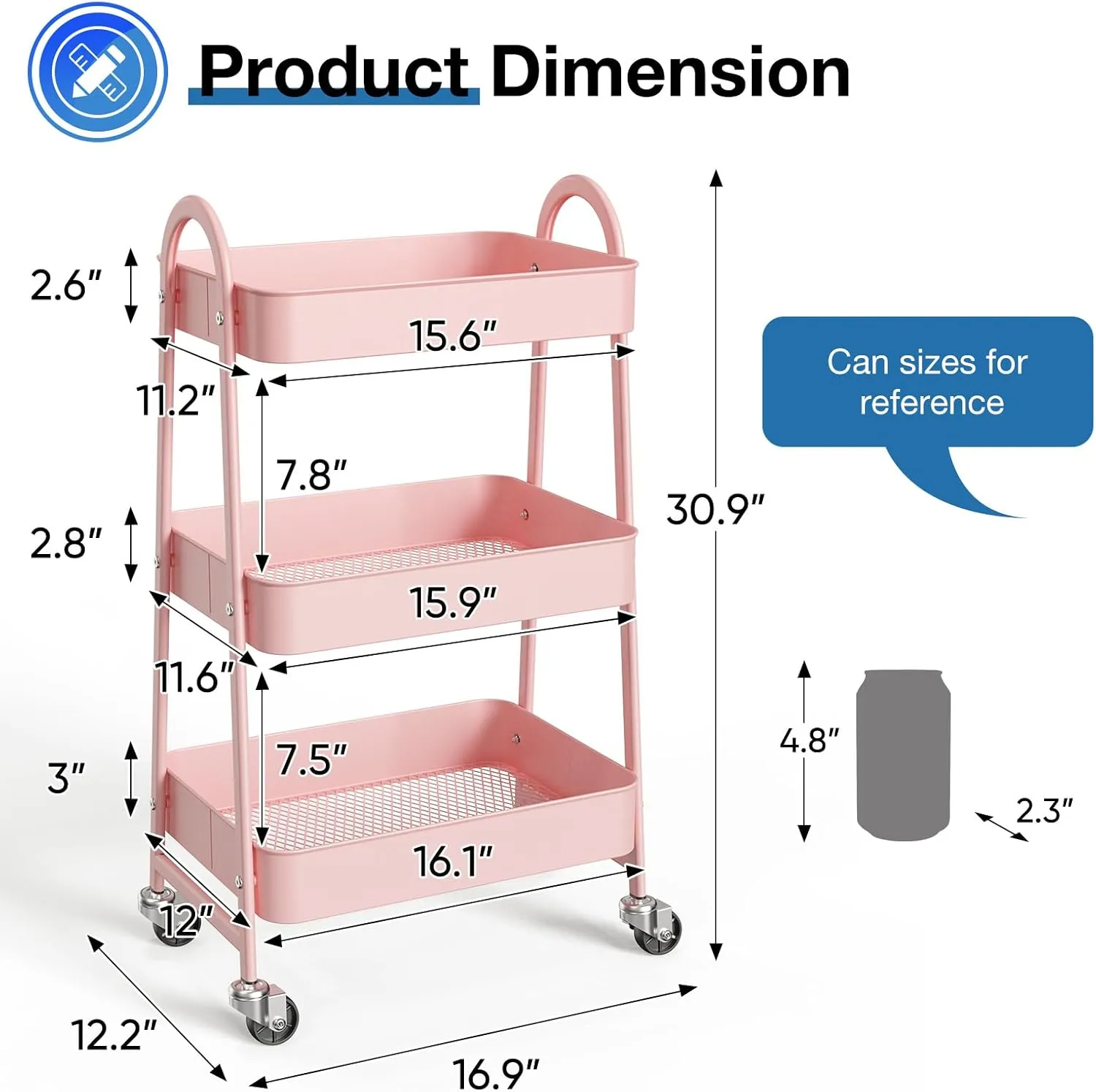 OLIXIS 3 Tier Utility Rolling Cart, Metal Mobile Storage Shelf with Lockable Caster Wheels, Organization for Livingroom, Bathroom, Kitchen, & Narrow Places, Peach