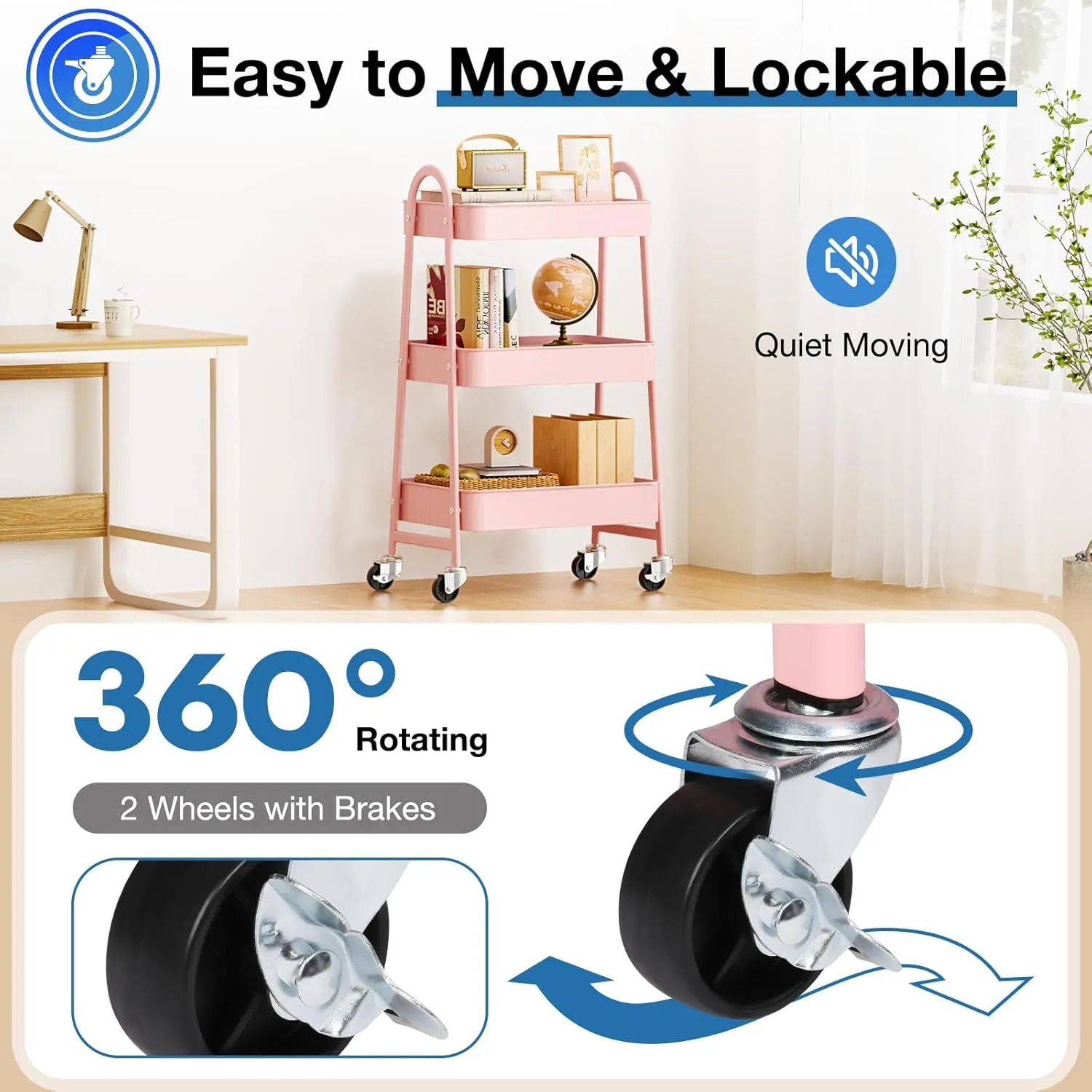 OLIXIS 3 Tier Utility Rolling Cart, Metal Mobile Storage Shelf with Lockable Caster Wheels, Organization for Livingroom, Bathroom, Kitchen, & Narrow Places, Peach