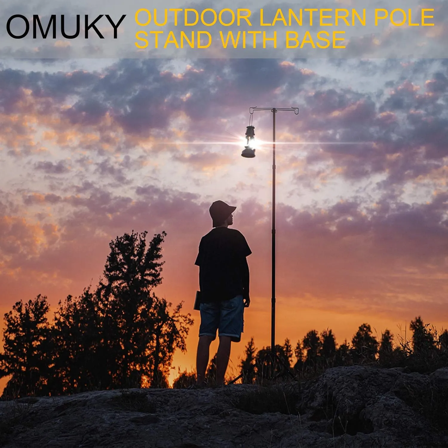 OMUKY Telescopic Lantern Stand with Base Outdoor Camping Lamp Stand Pole Adjustable Lantern Pole (Black)