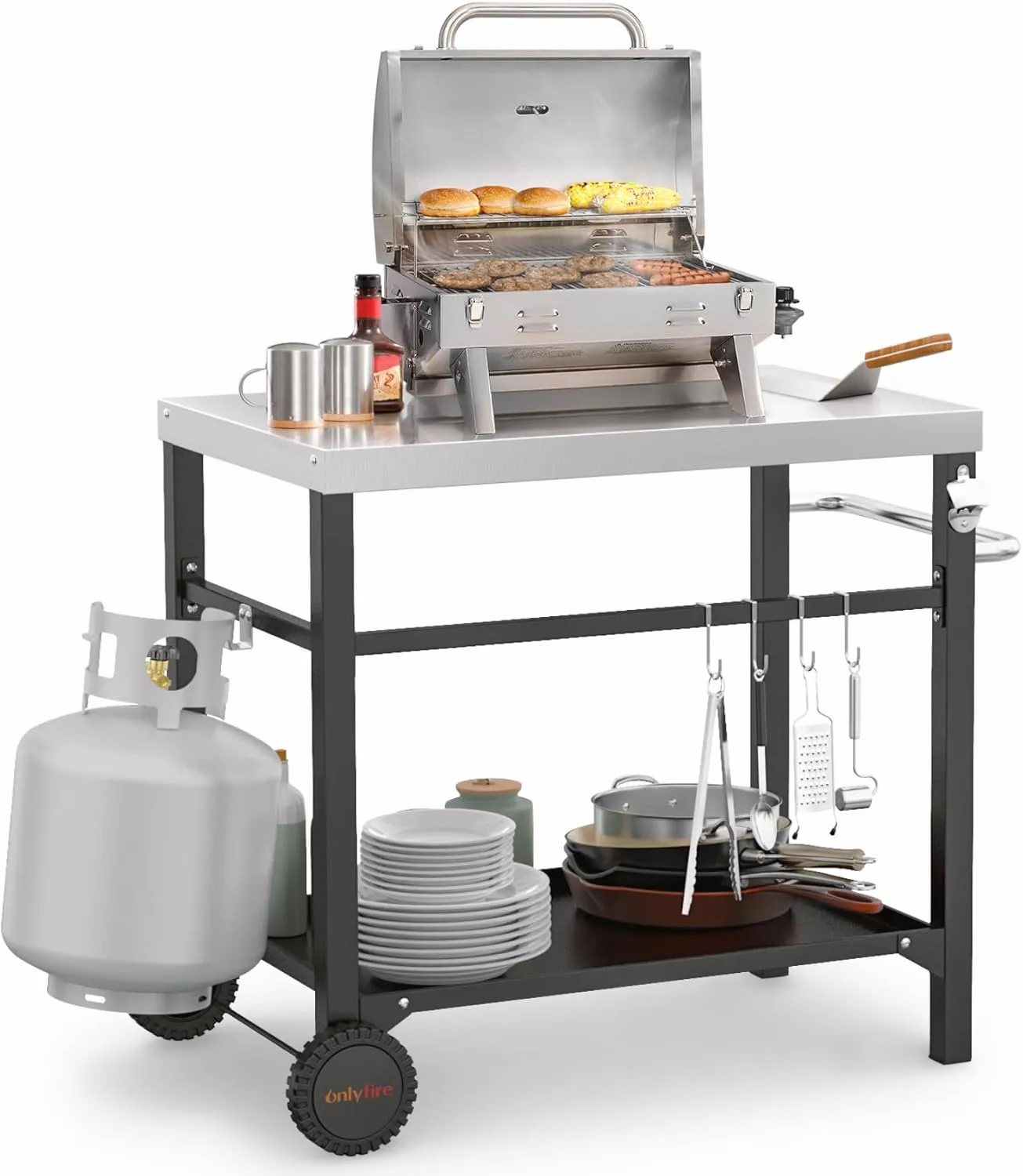 onlyfire Stainless Steel Movable Dining Cart Table, Pizza Oven Table, Multifunctional Utility Cart with Wheels for Outdoors, Kitchen or Backyard Patio