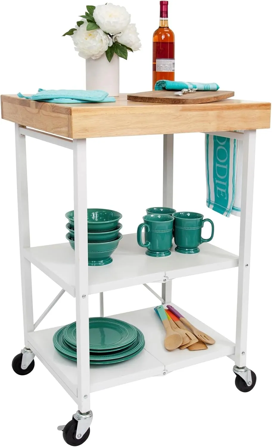 Origami Foldable Kitchen Island Cart, Rolling Storage Table Organizer with Wheels, White