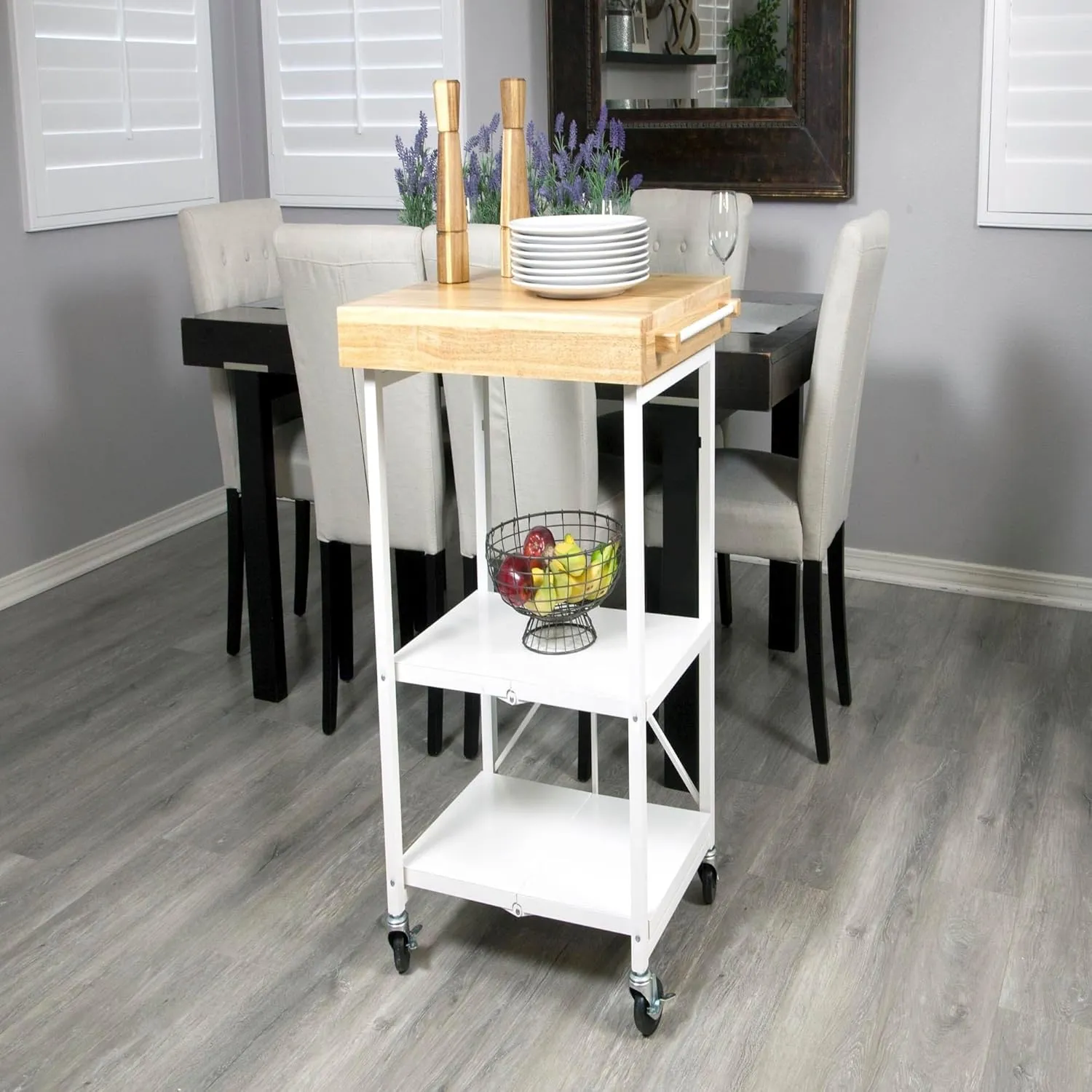 Origami Foldable Kitchen Island Cart, Rolling Storage Table Organizer with Wheels, White