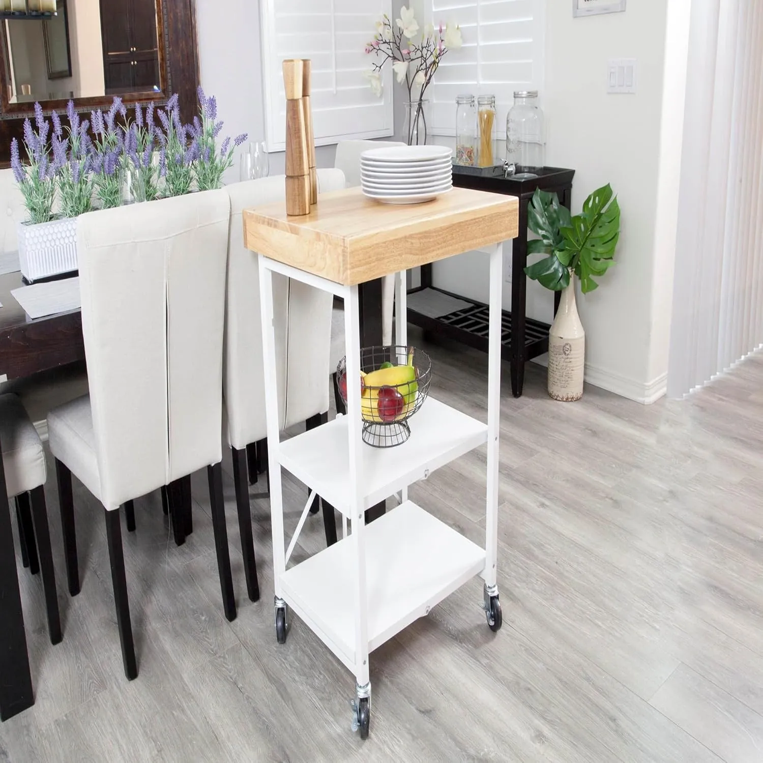 Origami Foldable Kitchen Island Cart, Rolling Storage Table Organizer with Wheels, White