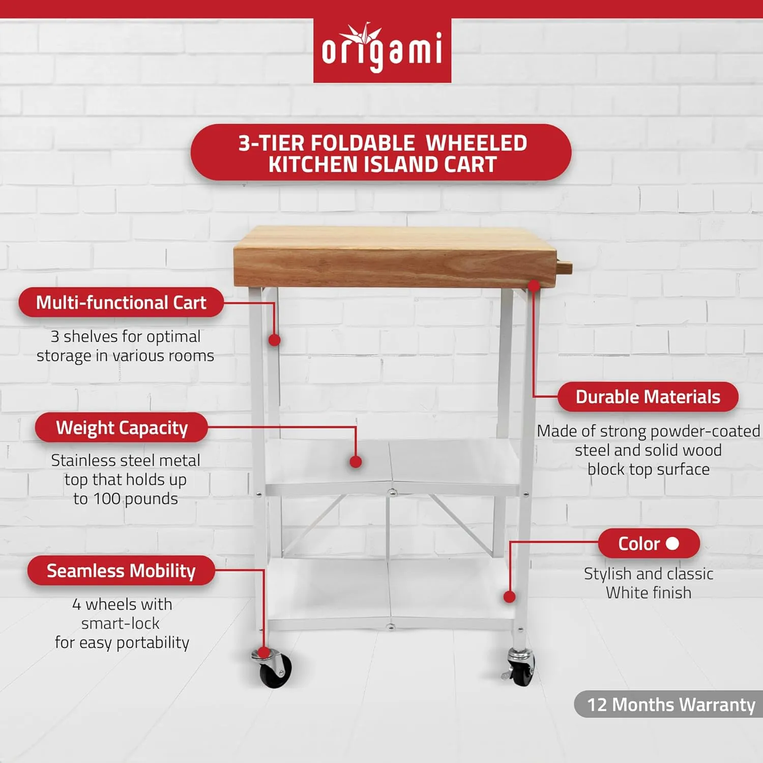 Origami Foldable Kitchen Island Cart, Rolling Storage Table Organizer with Wheels, White