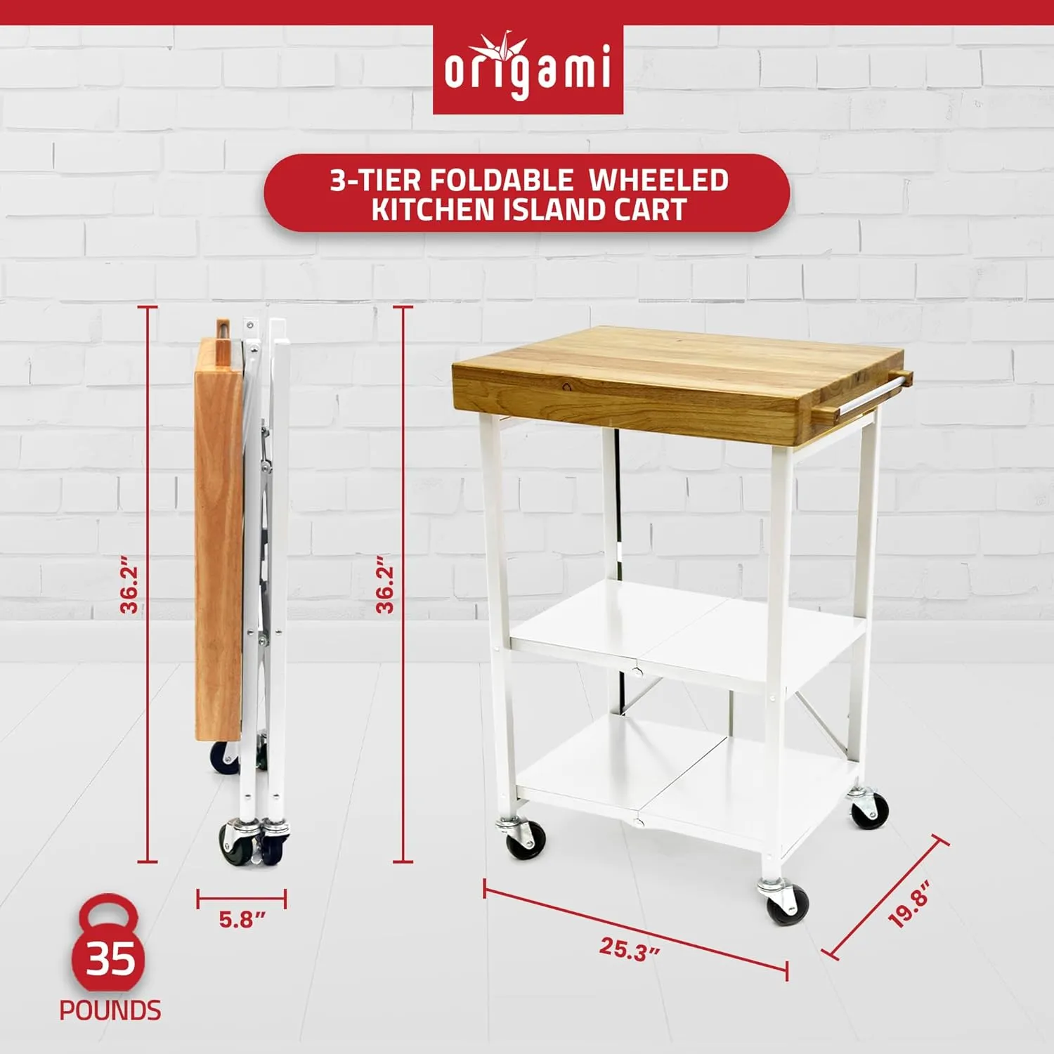 Origami Foldable Kitchen Island Cart, Rolling Storage Table Organizer with Wheels, White
