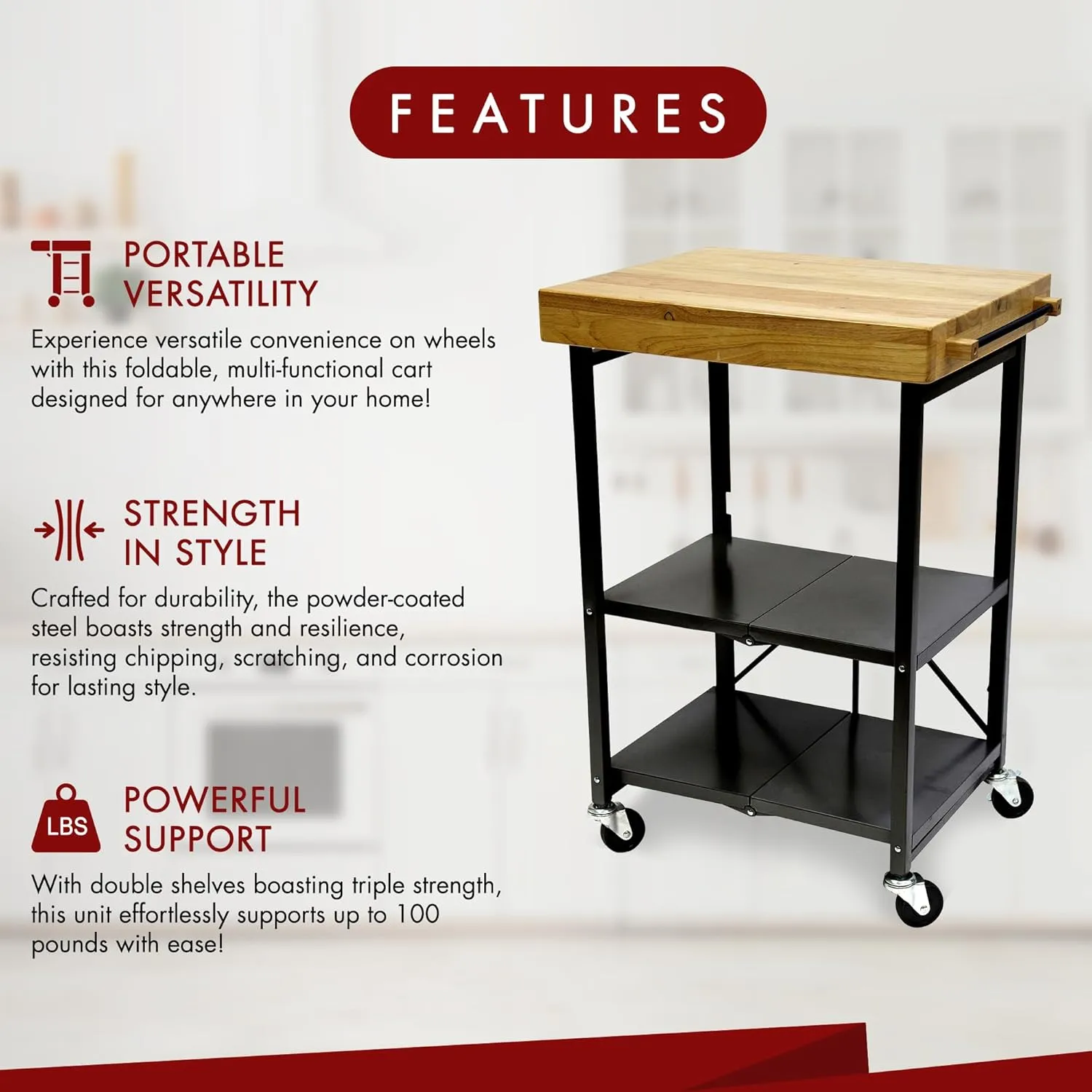 Origami RBT Series Steel-Frame Folding Kitchen Cart with Wheels, 3-Tier Shelves, Black - 200 lbs Capacity, Pre-Assembled Foldable Rolling Island, Portable for Indoor and Outdoor Use