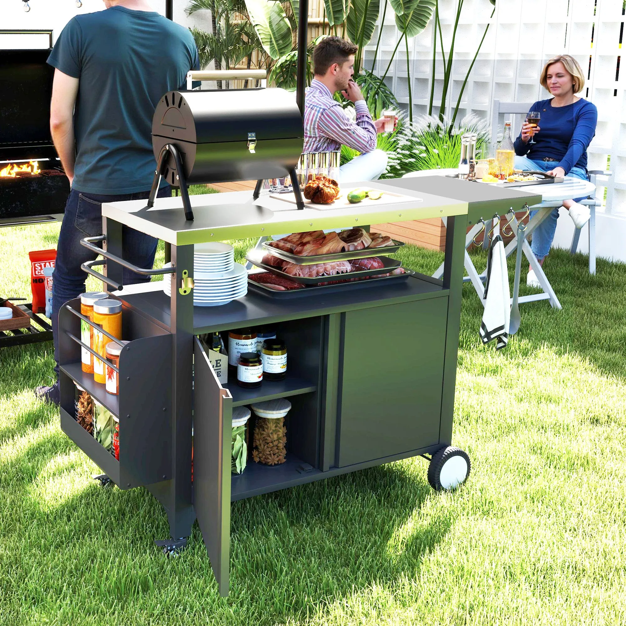 Outdoor Grill Cart with Foldable Side Table, 37.8" x 18.1" Pizza Oven Stand with Stainless Steel Tabletop, Storage & Towel Rack, Hooks, Movable Food Prep Table on Wheels