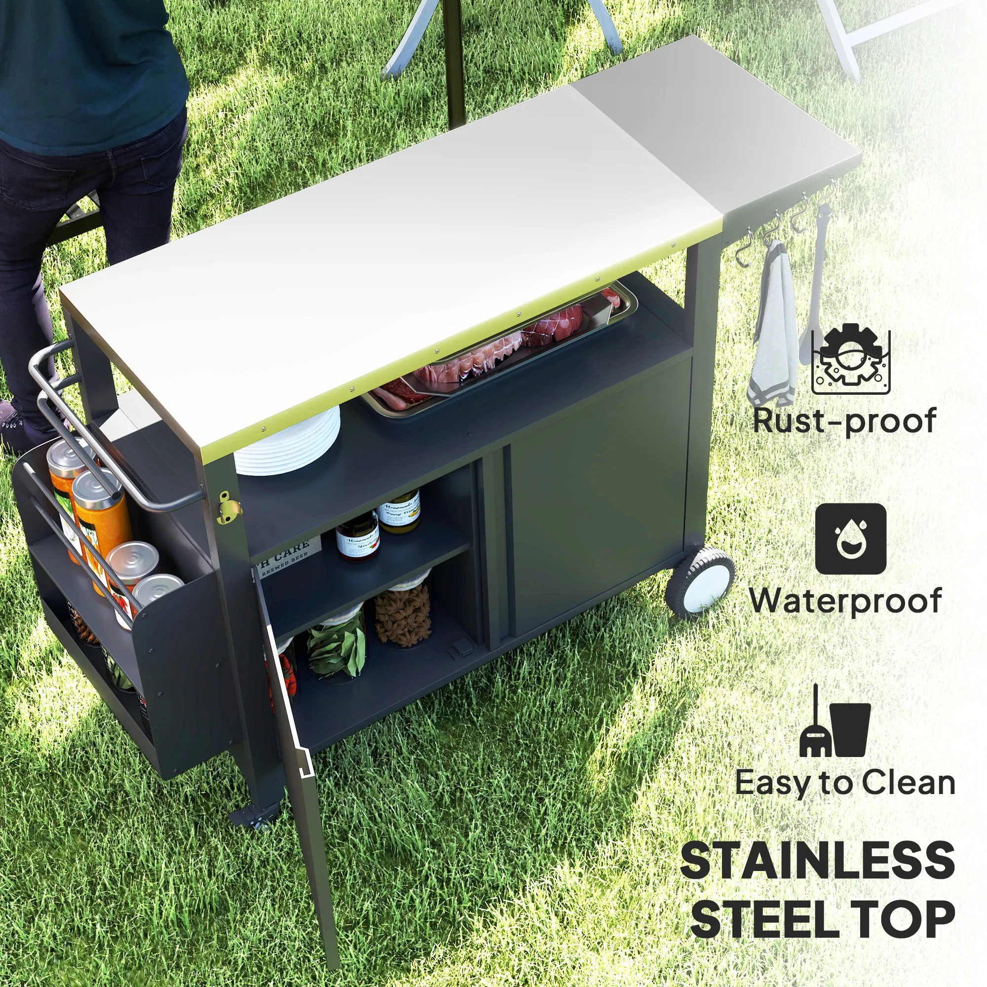 Outdoor Grill Cart with Foldable Side Table, 37.8" x 18.1" Pizza Oven Stand with Stainless Steel Tabletop, Storage & Towel Rack, Hooks, Movable Food Prep Table on Wheels