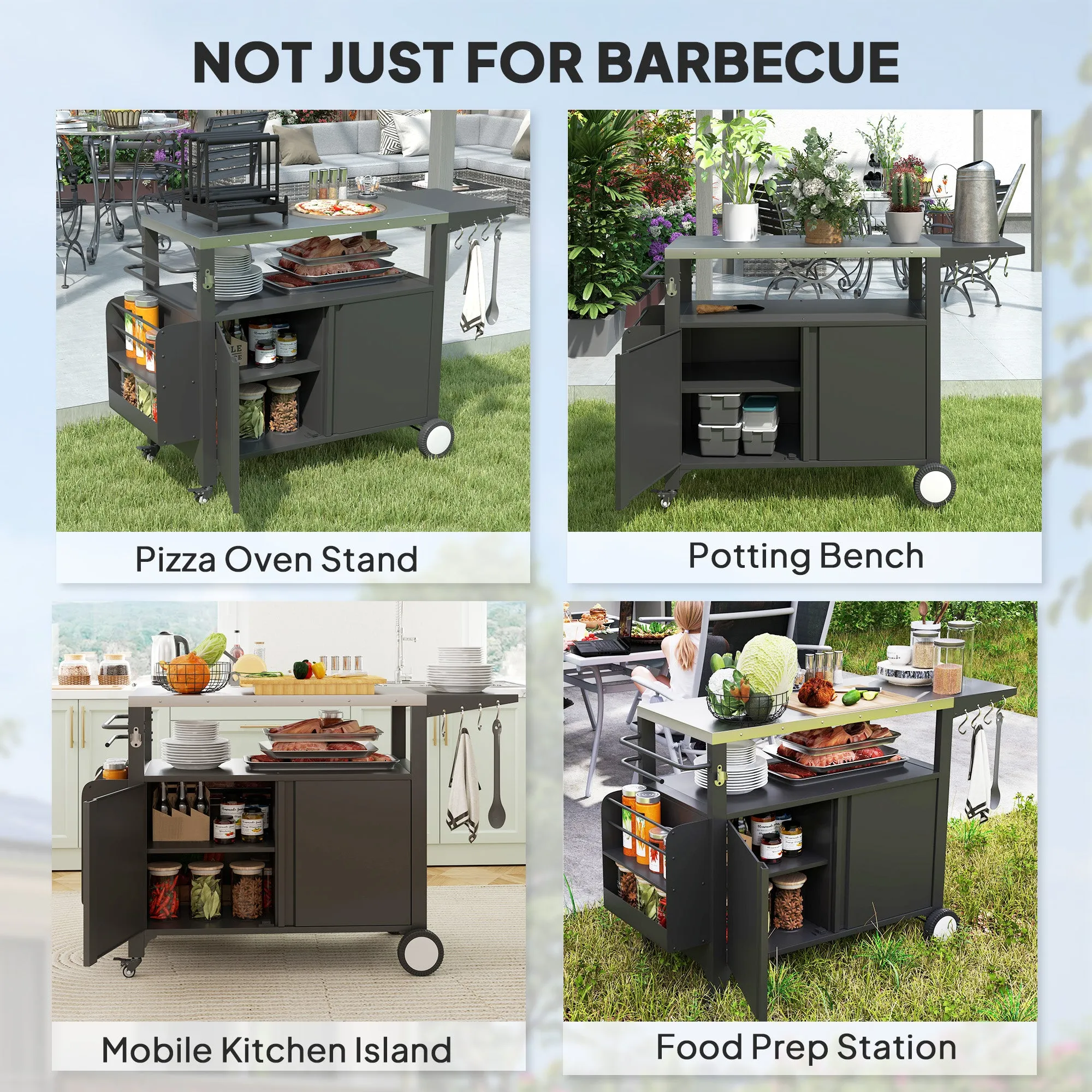 Outdoor Grill Cart with Foldable Side Table, 37.8" x 18.1" Pizza Oven Stand with Stainless Steel Tabletop, Storage & Towel Rack, Hooks, Movable Food Prep Table on Wheels