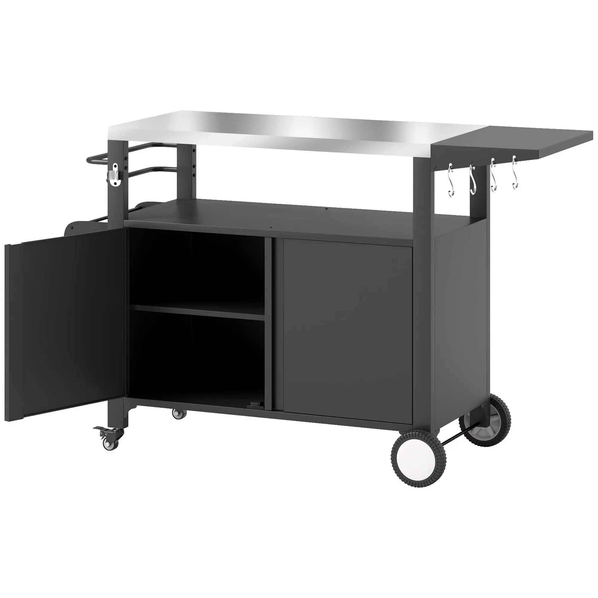 Outdoor Grill Cart with Foldable Side Table, 37.8" x 18.1" Pizza Oven Stand with Stainless Steel Tabletop, Storage & Towel Rack, Hooks, Movable Food Prep Table on Wheels