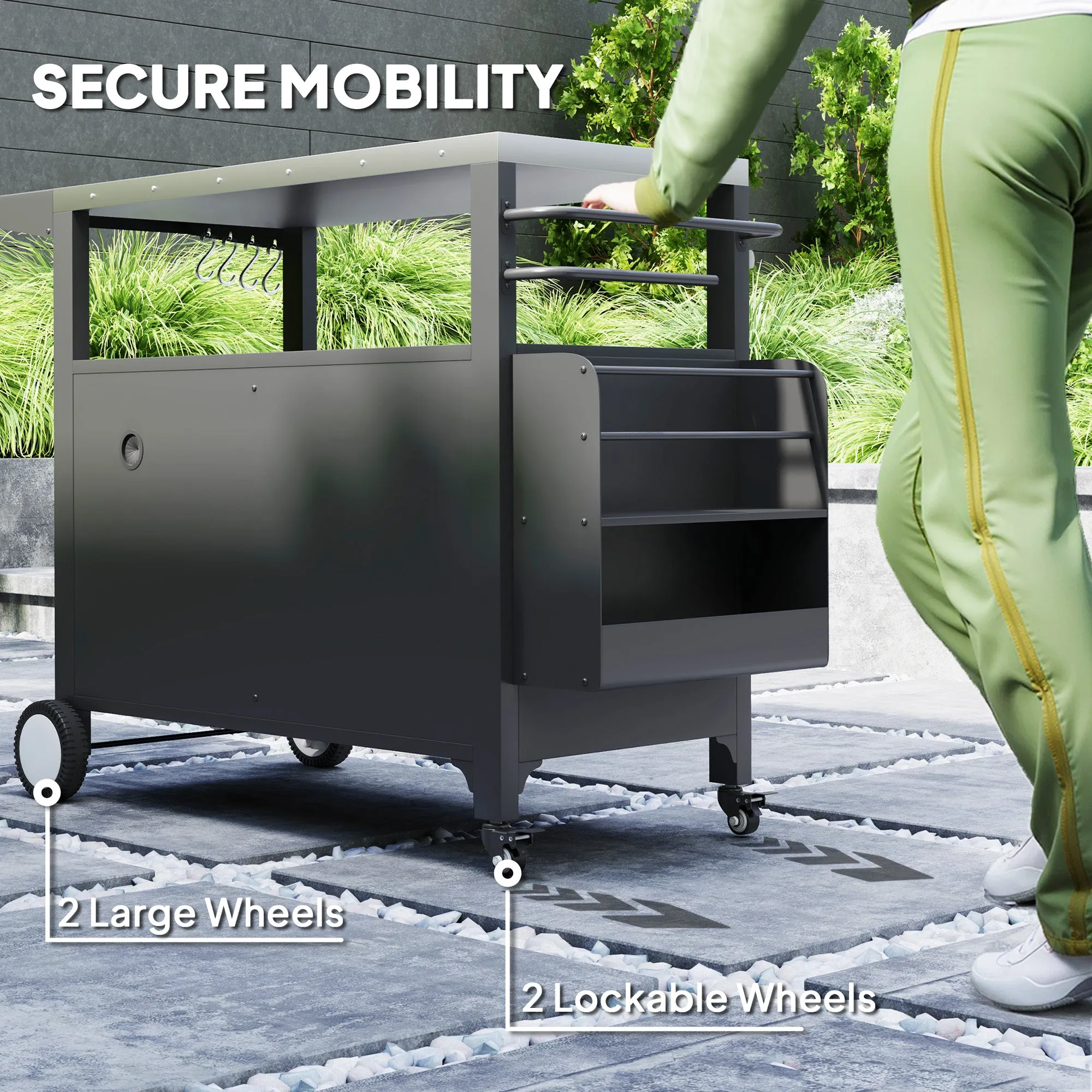 Outdoor Grill Cart with Foldable Side Table, 37.8" x 18.1" Pizza Oven Stand with Stainless Steel Tabletop, Storage & Towel Rack, Hooks, Movable Food Prep Table on Wheels