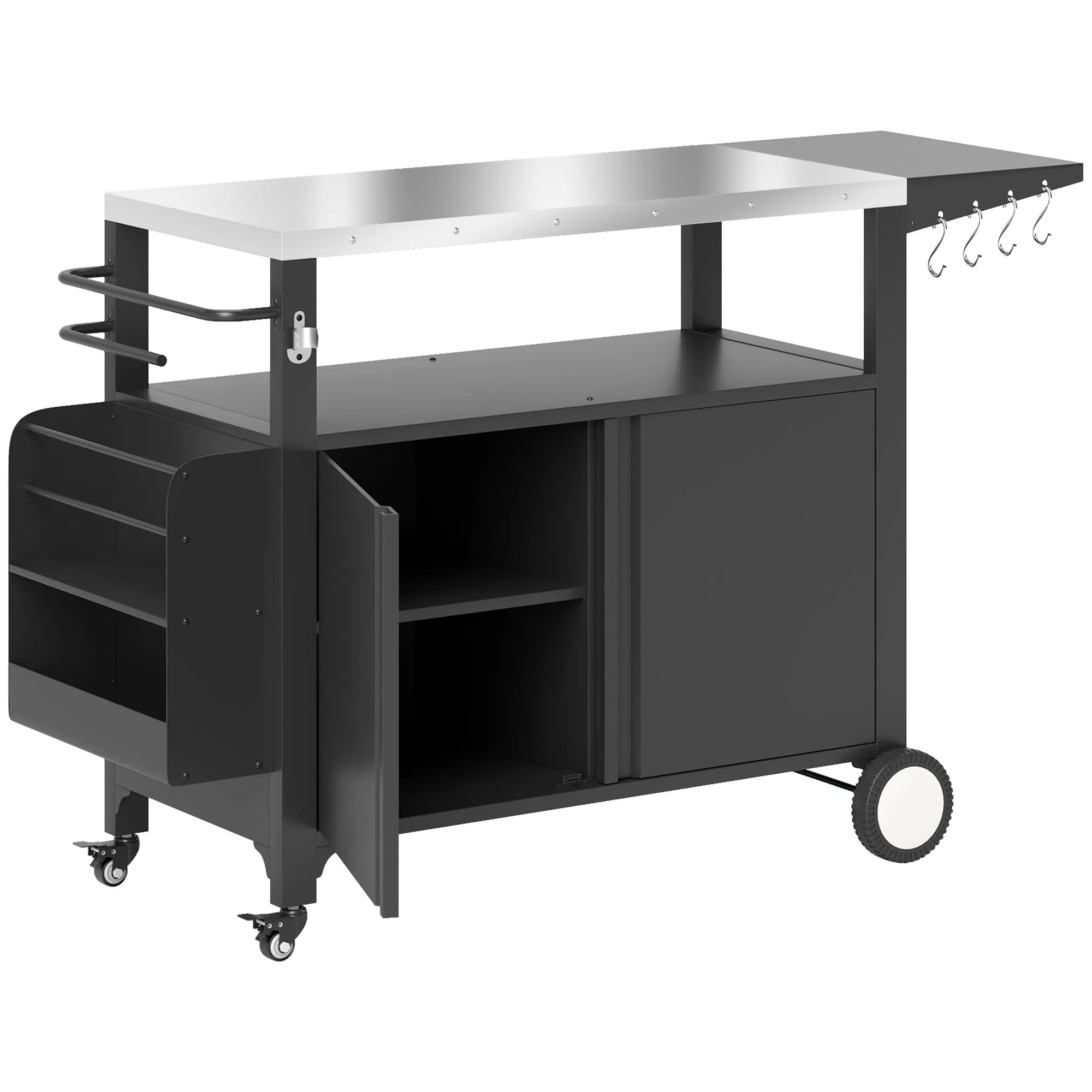 Outdoor Grill Cart with Foldable Side Table, 37.8" x 18.1" Pizza Oven Stand with Stainless Steel Tabletop, Storage & Towel Rack, Hooks, Movable Food Prep Table on Wheels
