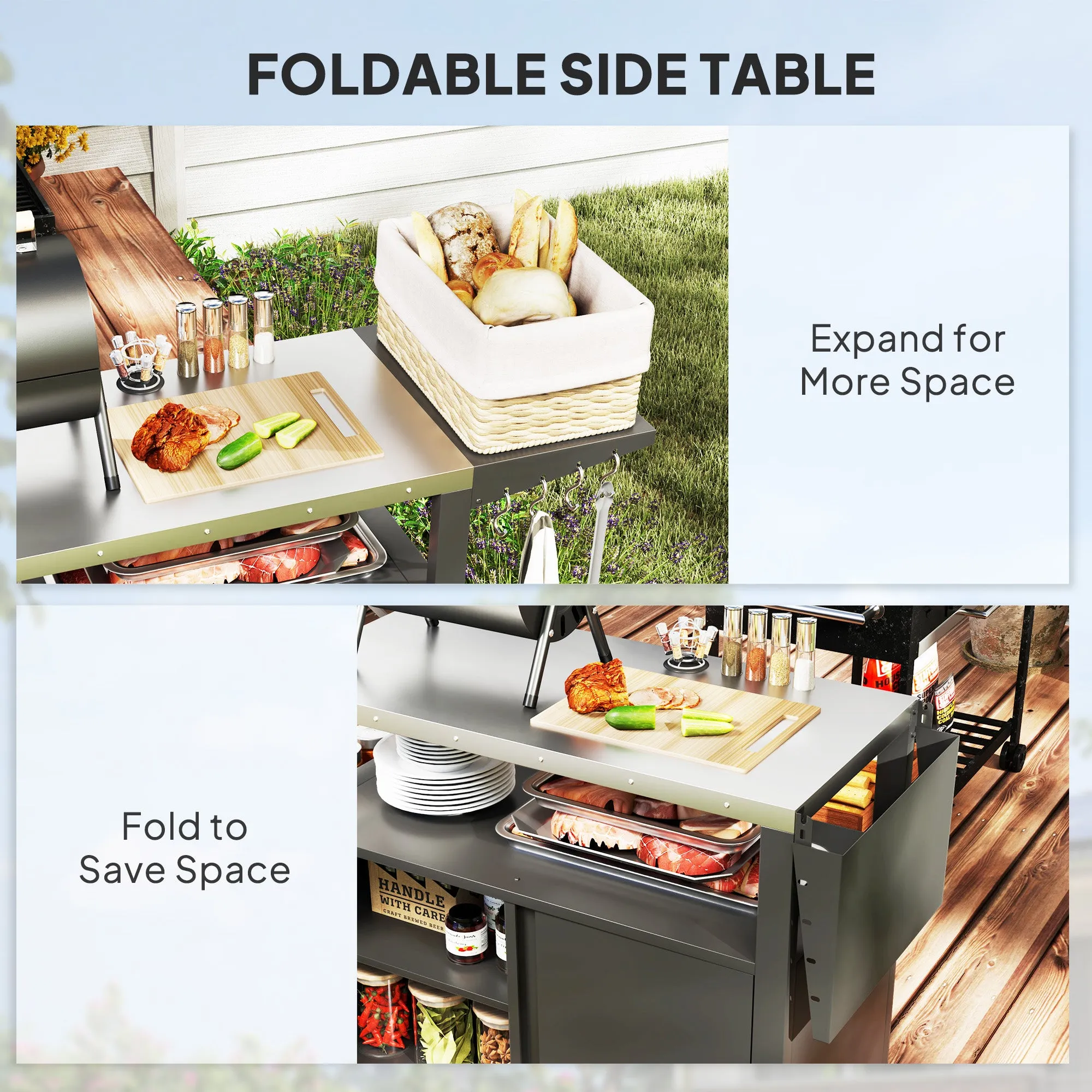 Outdoor Grill Cart with Foldable Side Table, 37.8" x 18.1" Pizza Oven Stand with Stainless Steel Tabletop, Storage & Towel Rack, Hooks, Movable Food Prep Table on Wheels