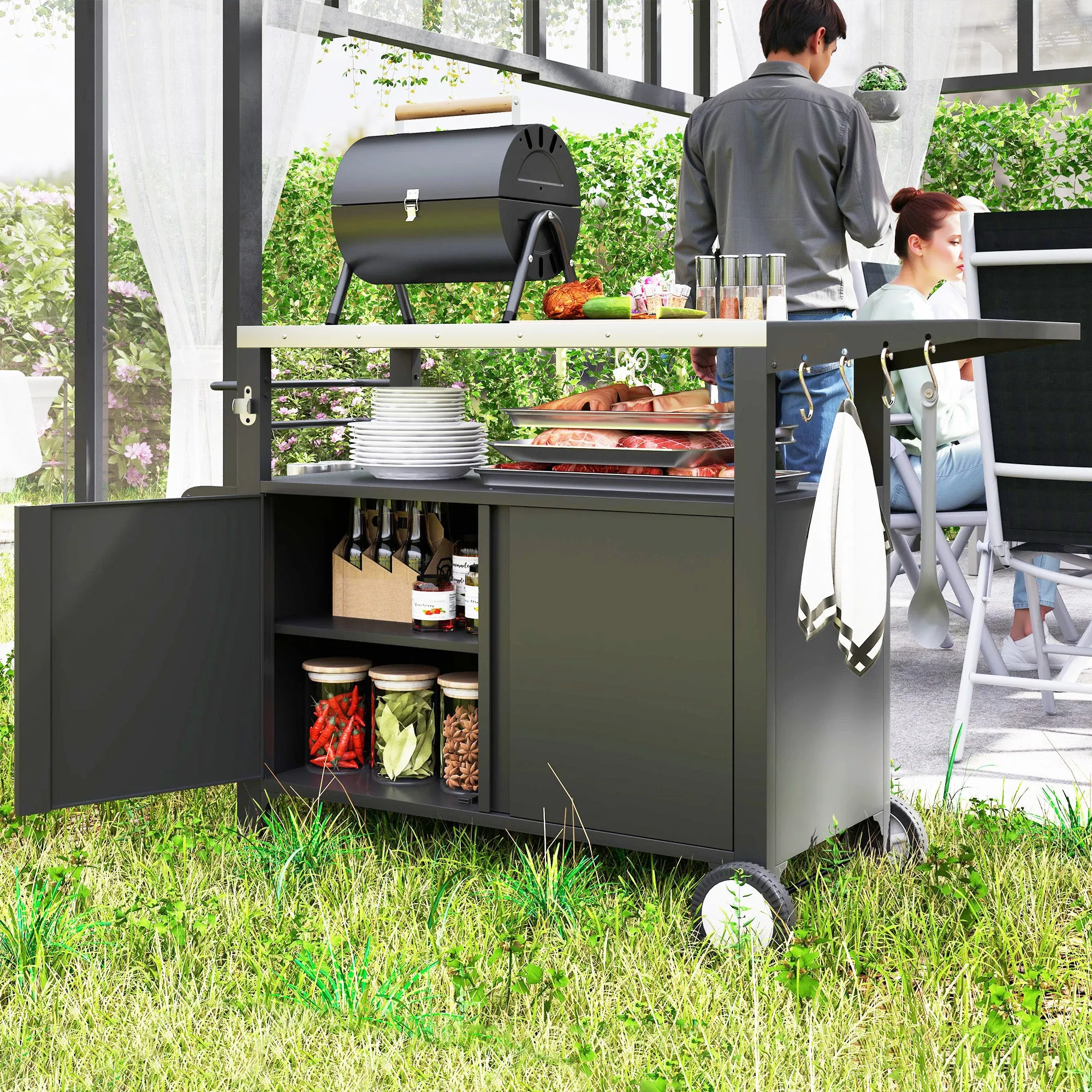 Outdoor Grill Cart with Foldable Side Table, 37.8" x 18.1" Pizza Oven Stand with Stainless Steel Tabletop, Storage & Towel Rack, Hooks, Movable Food Prep Table on Wheels