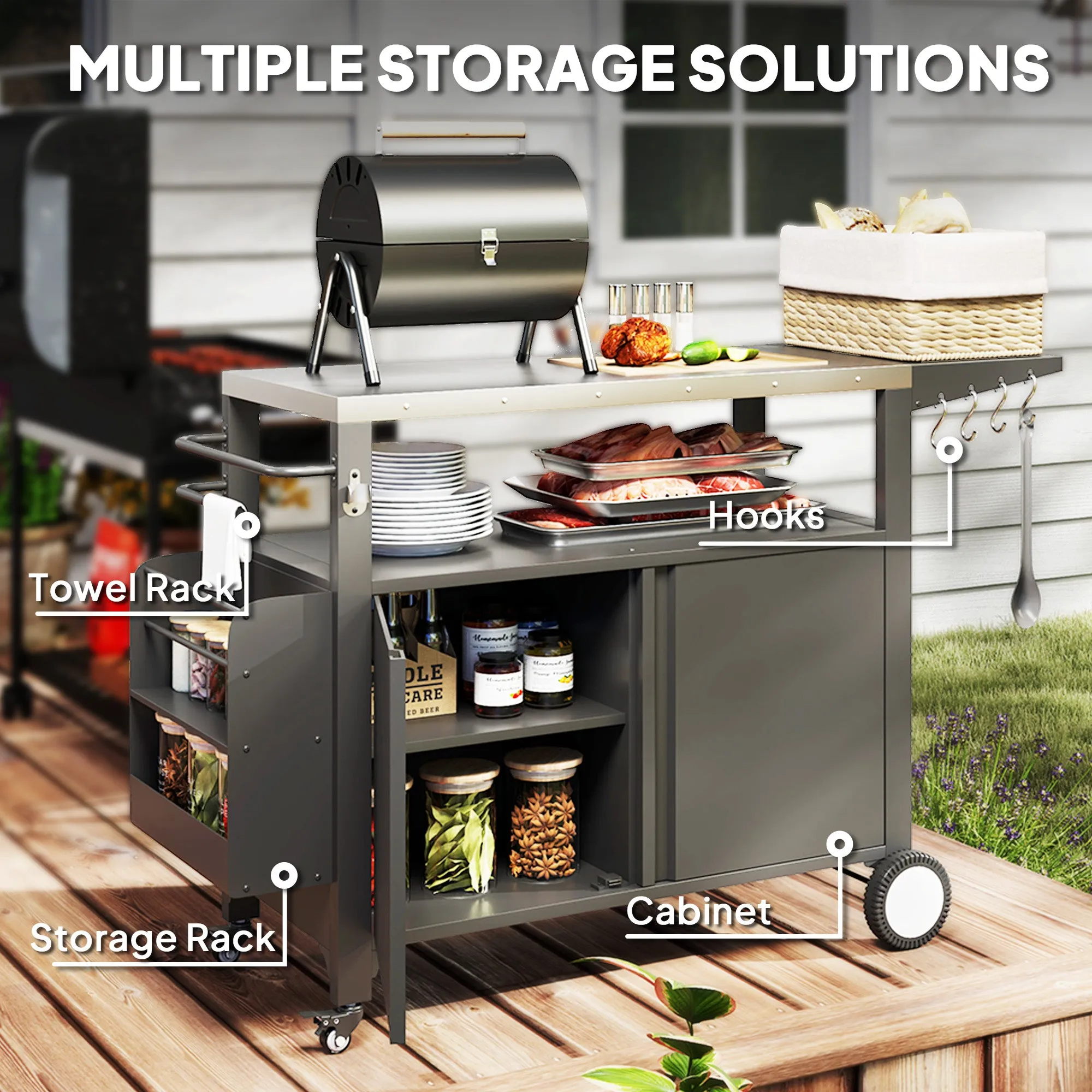 Outdoor Grill Cart with Foldable Side Table, 37.8" x 18.1" Pizza Oven Stand with Stainless Steel Tabletop, Storage & Towel Rack, Hooks, Movable Food Prep Table on Wheels