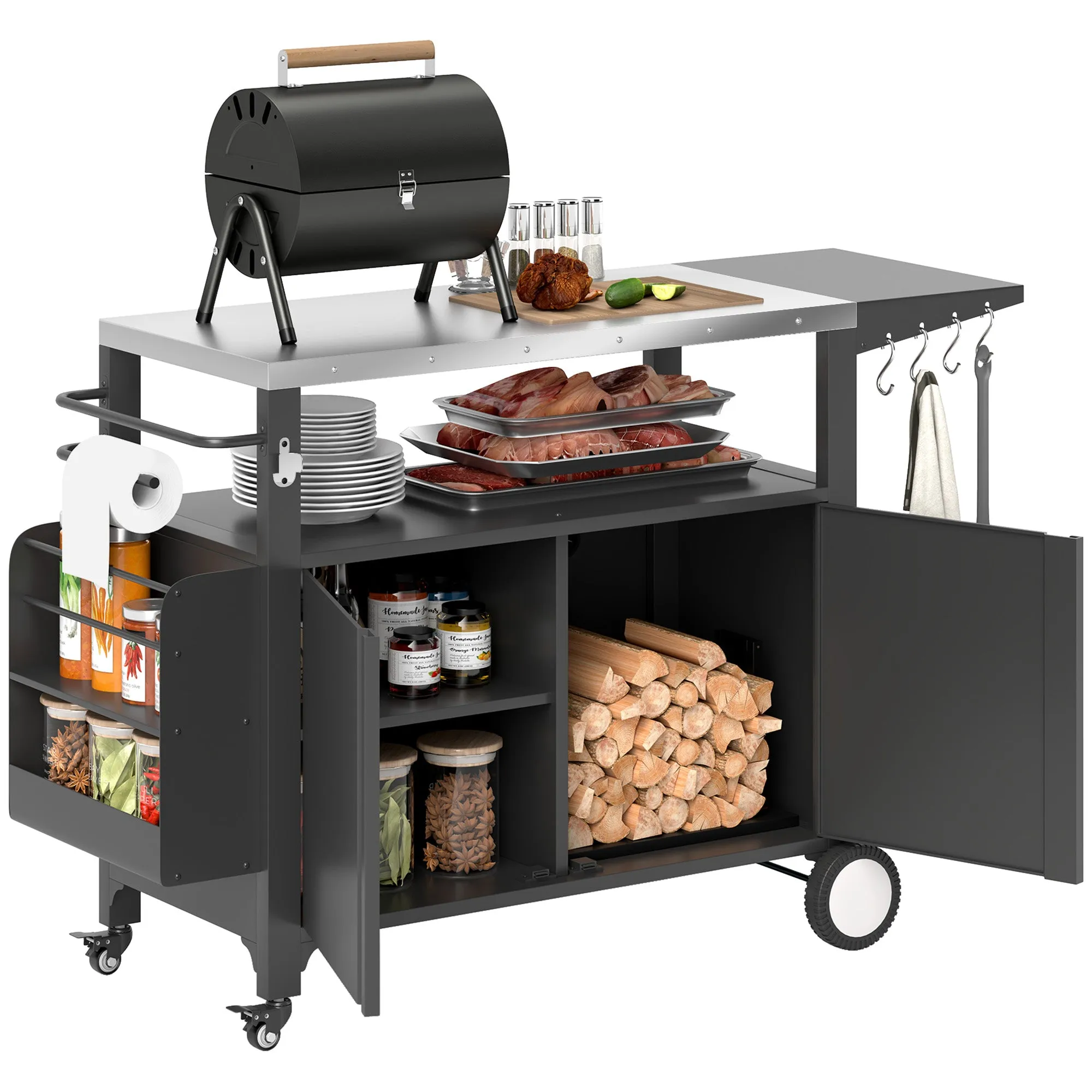 Outdoor Grill Cart with Foldable Side Table, 37.8" x 18.1" Pizza Oven Stand with Stainless Steel Tabletop, Storage & Towel Rack, Hooks, Movable Food Prep Table on Wheels