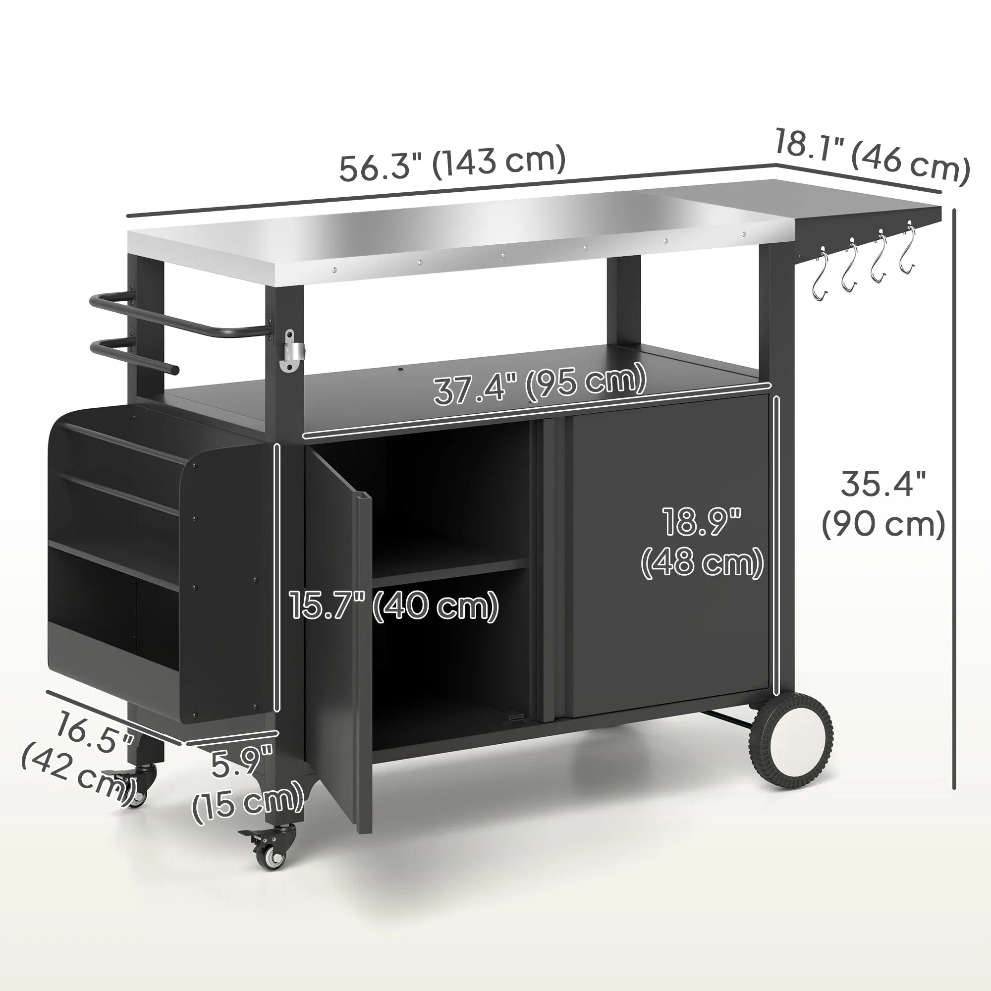Outdoor Grill Cart with Foldable Side Table, 37.8" x 18.1" Pizza Oven Stand with Stainless Steel Tabletop, Storage & Towel Rack, Hooks, Movable Food Prep Table on Wheels