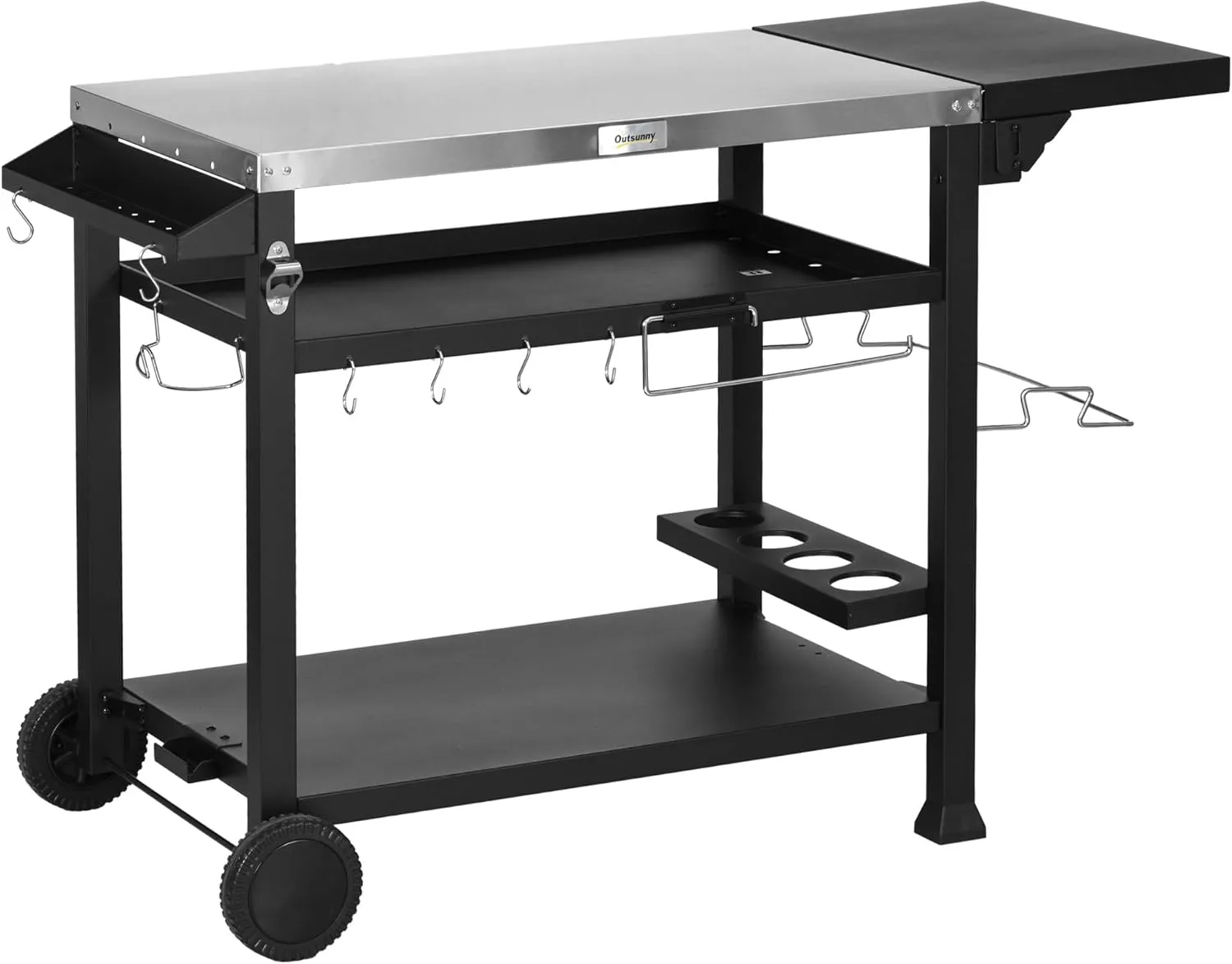 Outdoor Grill Cart with Foldable Side Table, 46" x 21.75" Multifunctional Stainless Steel Pizza Oven Stand with Three-Shelf, Movable Food Prep Table on Wheels, Black