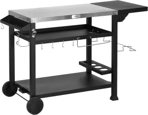 Outdoor Grill Cart with Foldable Side Table, 46" x 21.75" Multifunctional Stainless Steel Pizza Oven Stand with Three-Shelf, Movable Food Prep Table on Wheels, Black
