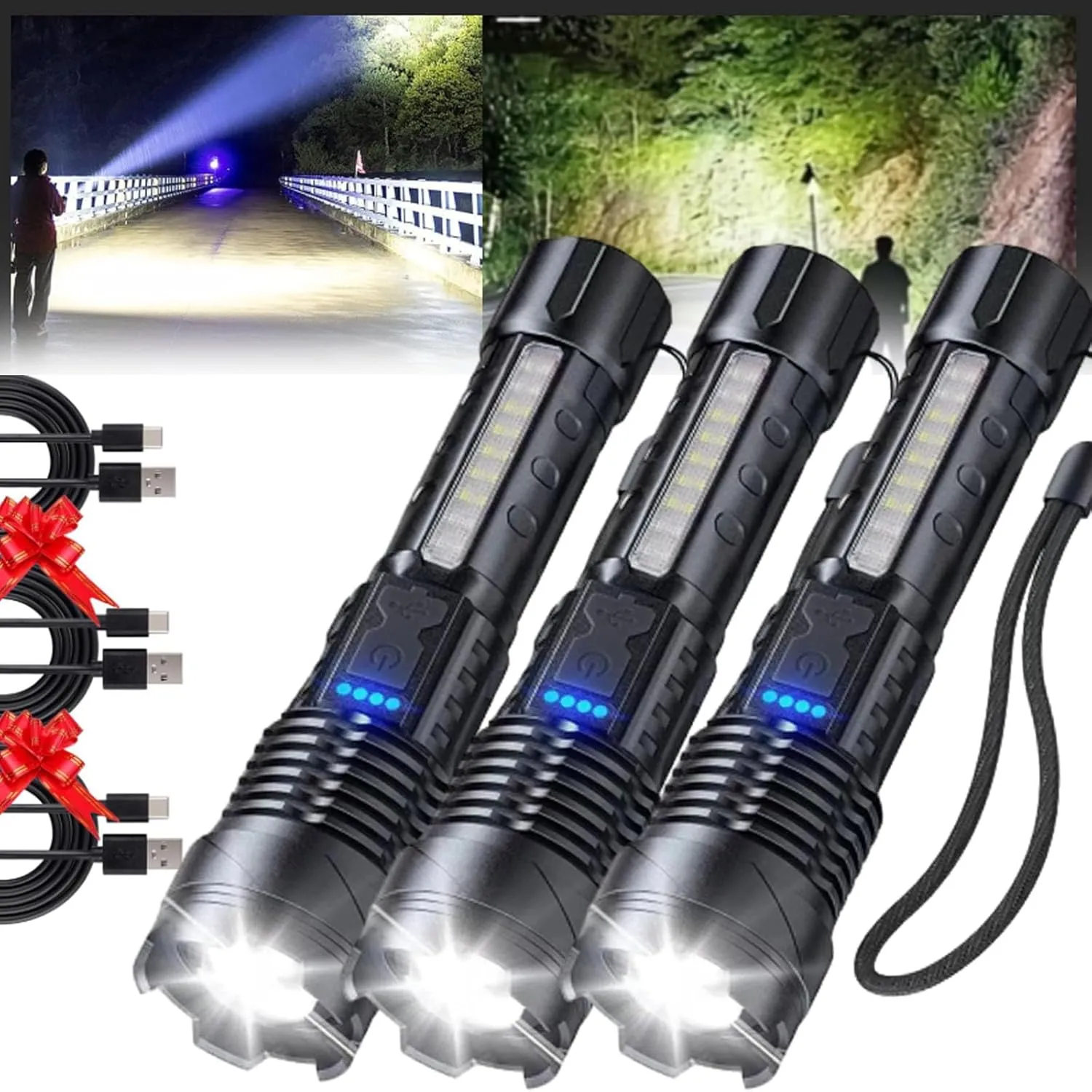 Outdoor Lighting White Laser Flashlight with Cob Warning Side Work Light, Observatioy Led Flashlight, 20000 High Lumen Rechargeable Flashlight,7 Modes Waterproof, Shockproof, Adjustable Zoom (3pcs)