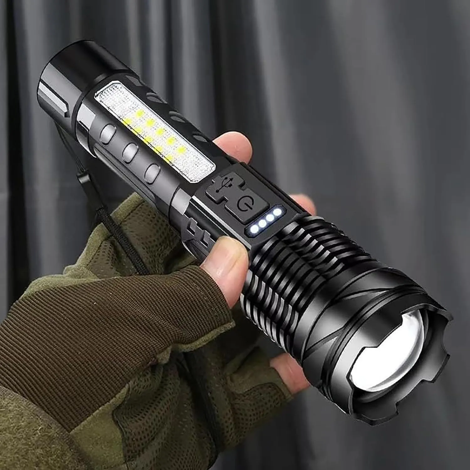 Outdoor Lighting White Laser Flashlight with Cob Warning Side Work Light, Observatioy Led Flashlight, 20000 High Lumen Rechargeable Flashlight,7 Modes Waterproof, Shockproof, Adjustable Zoom (3pcs)