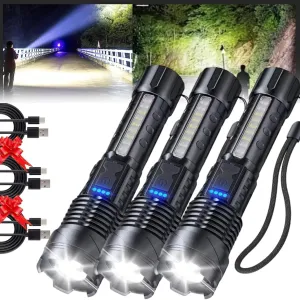 Outdoor Lighting White Laser Flashlight with Cob Warning Side Work Light, Observatioy Led Flashlight, 20000 High Lumen Rechargeable Flashlight,7 Modes Waterproof, Shockproof, Adjustable Zoom (3pcs)