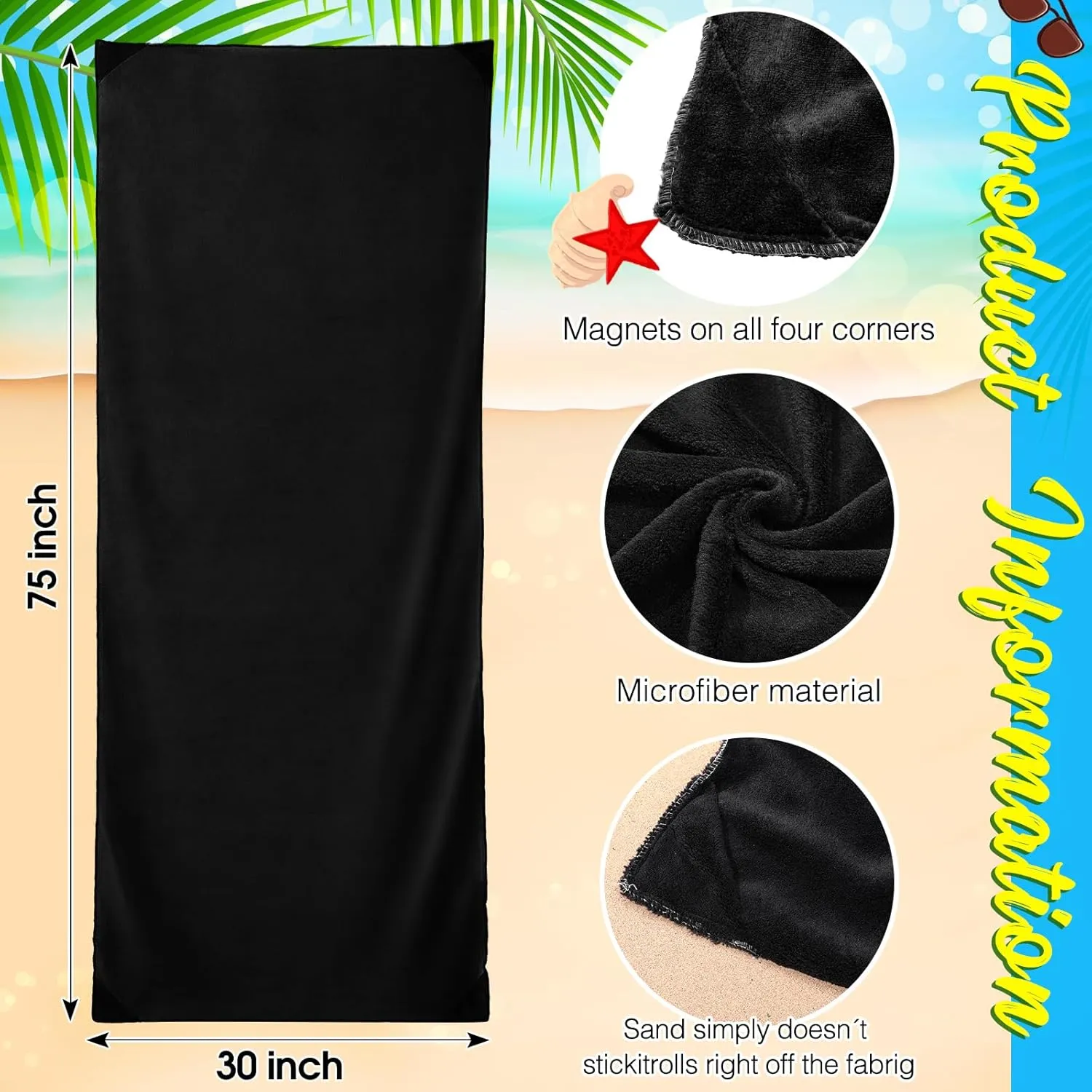 Outdoor Magnetic Bath Towel Oversized 75"x30" Magnetic Microfiber Beach Quick Dry Towel with Magnet Corners for Beach, Pool, Travel, Gym & Camping