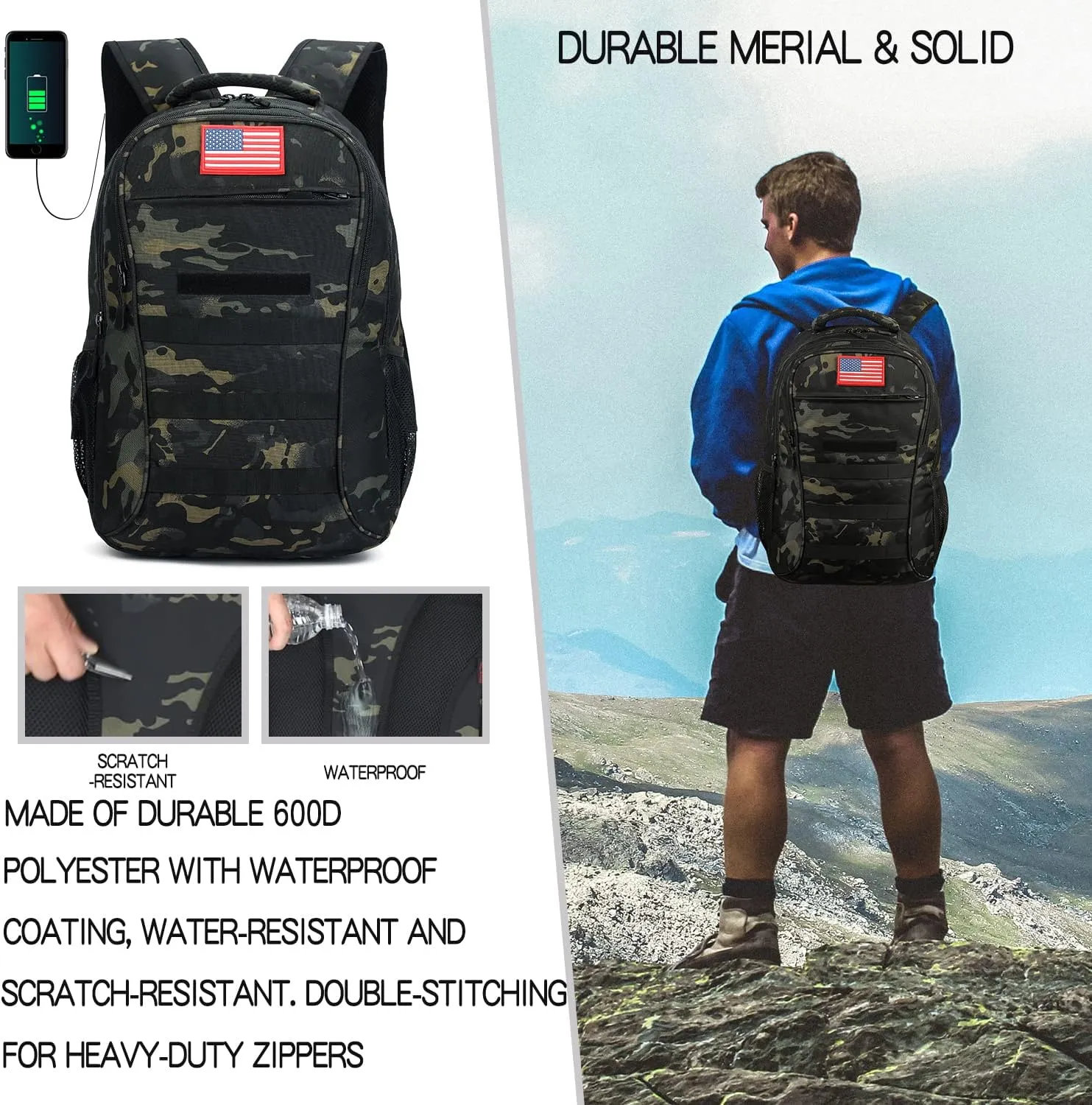 outdoor plus Camo Backpack for Boys,Military Teen Backpack with USB Port, Army Bookbag for School