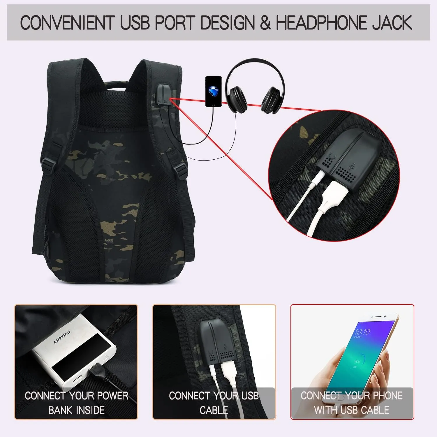outdoor plus Camo Backpack for Boys,Military Teen Backpack with USB Port, Army Bookbag for School