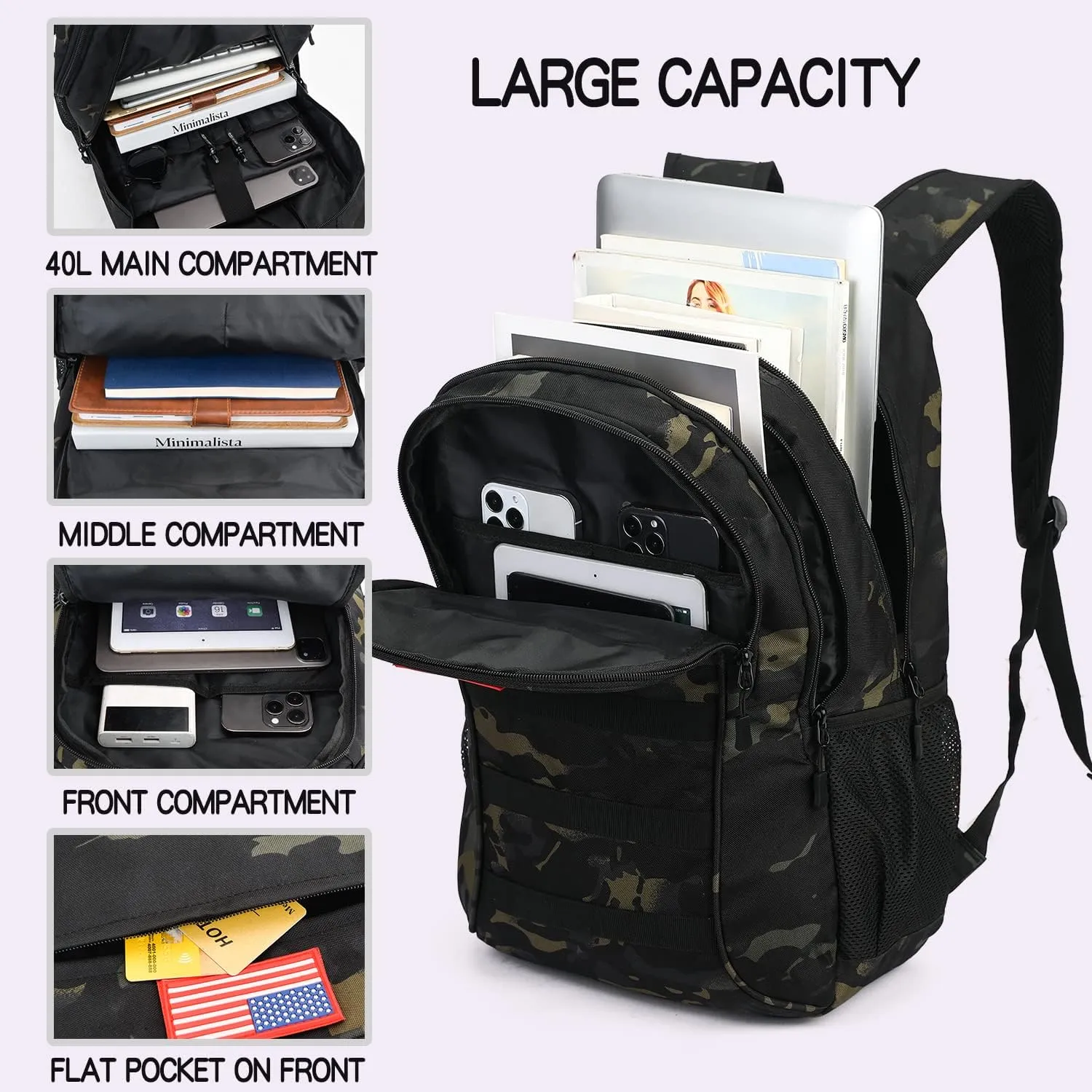 outdoor plus Camo Backpack for Boys,Military Teen Backpack with USB Port, Army Bookbag for School