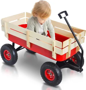 Outdoor Wagon Cart for Kids Heavy Duty Steel w/Removable Wooden Side Panels Cargo Wagon with 10” All-Terrain Air Tires,Foldable Handle Cart for Towing Kids Toys Toddler,Gardening Supplies(Red)