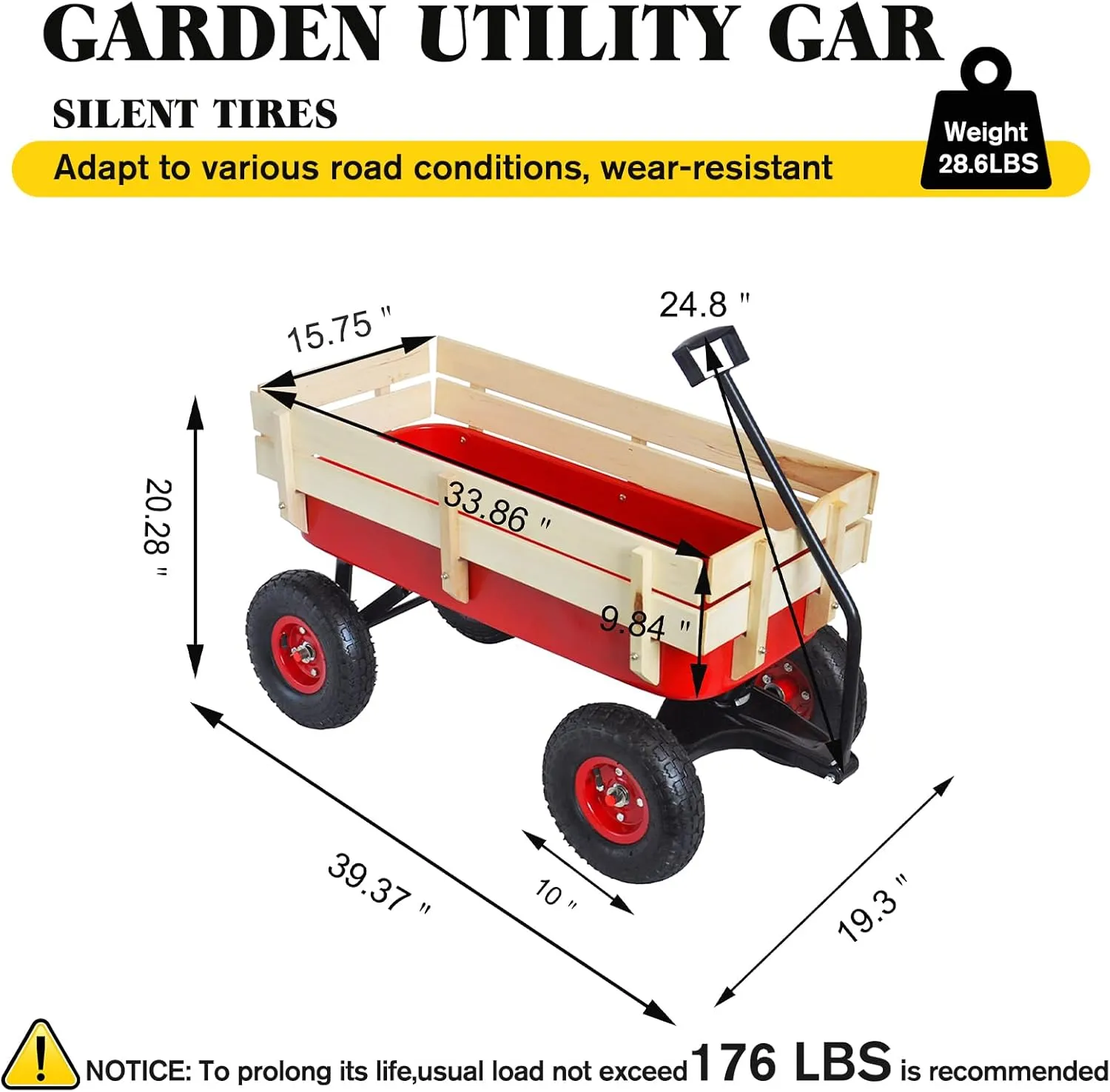 Outdoor Wagon Cart for Kids Heavy Duty Steel w/Removable Wooden Side Panels Cargo Wagon with 10” All-Terrain Air Tires,Foldable Handle Cart for Towing Kids Toys Toddler,Gardening Supplies(Red)