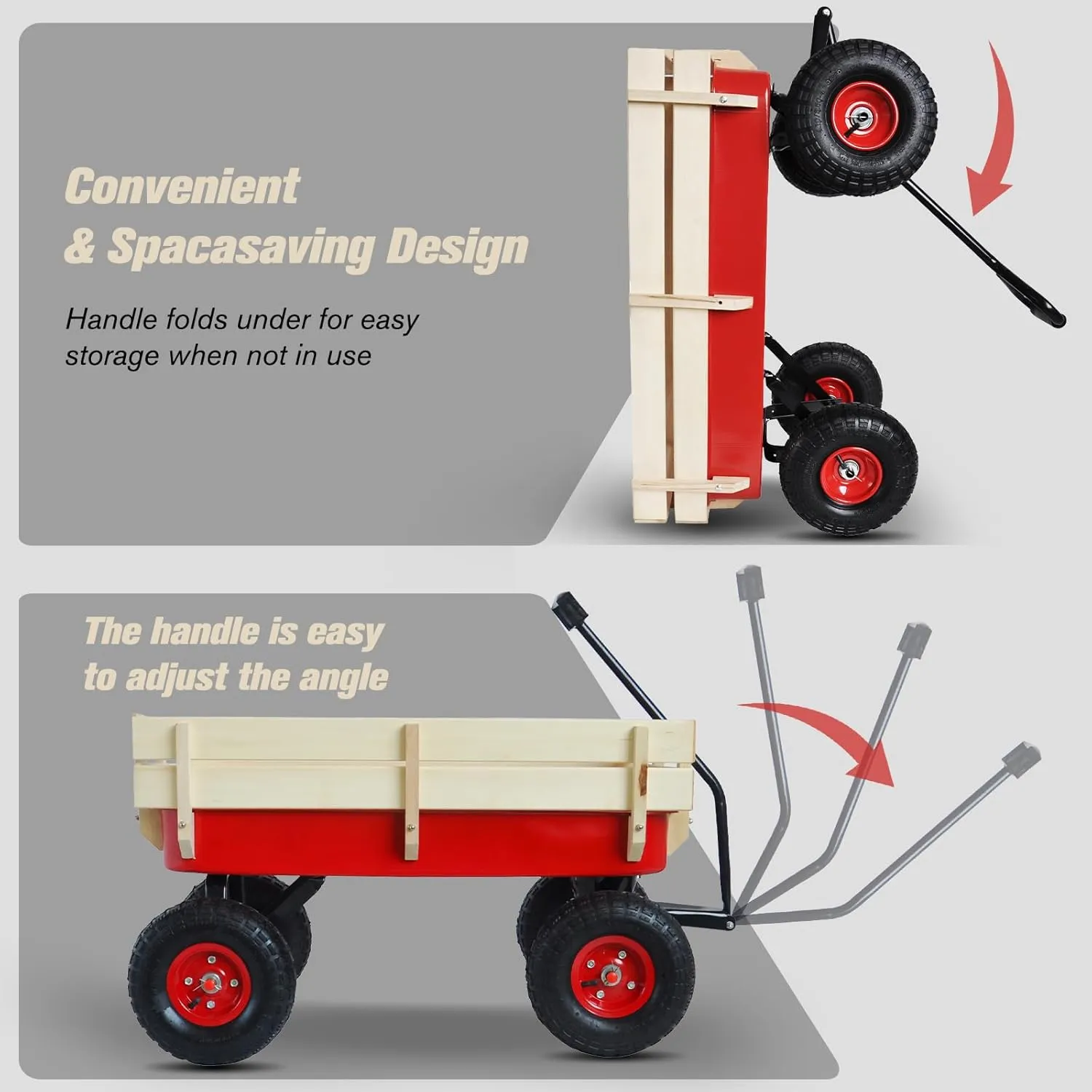 Outdoor Wagon Cart for Kids Heavy Duty Steel w/Removable Wooden Side Panels Cargo Wagon with 10” All-Terrain Air Tires,Foldable Handle Cart for Towing Kids Toys Toddler,Gardening Supplies(Red)
