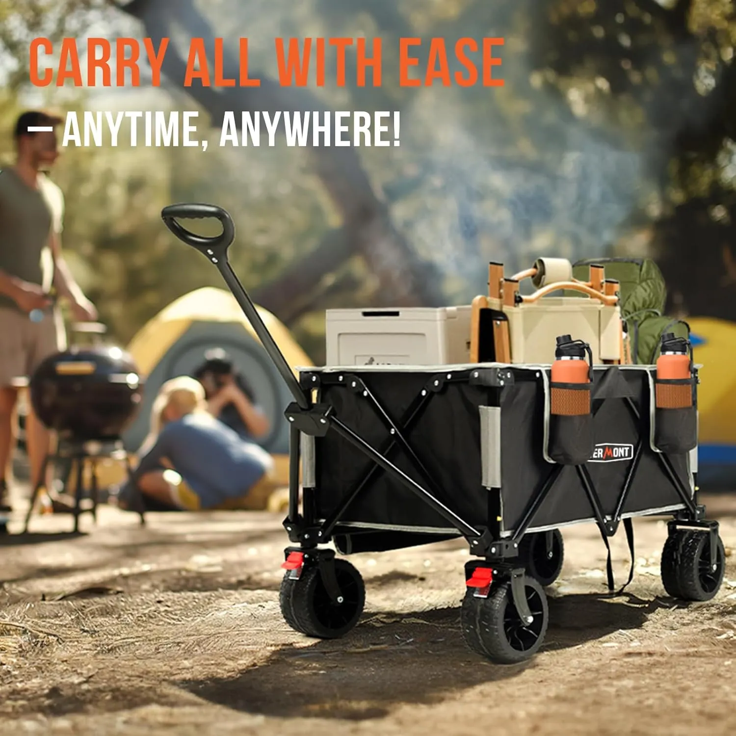 Overmont Collapsible Wagon Cart with Wheels - Foldable Heavy Duty Wagon with Big All-Terrain Wheels - 330Lbs Weight Capacity with Side Pockets for Camping Sports Garden Grocery Shopping Black
