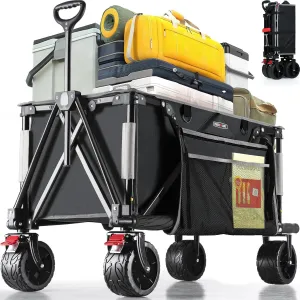 Overmont Collapsible Wagon Cart with Wheels - Foldable Heavy Duty Wagon with Big All-Terrain Wheels - 330Lbs Weight Capacity with Side Pockets for Camping Sports Garden Grocery Shopping Black
