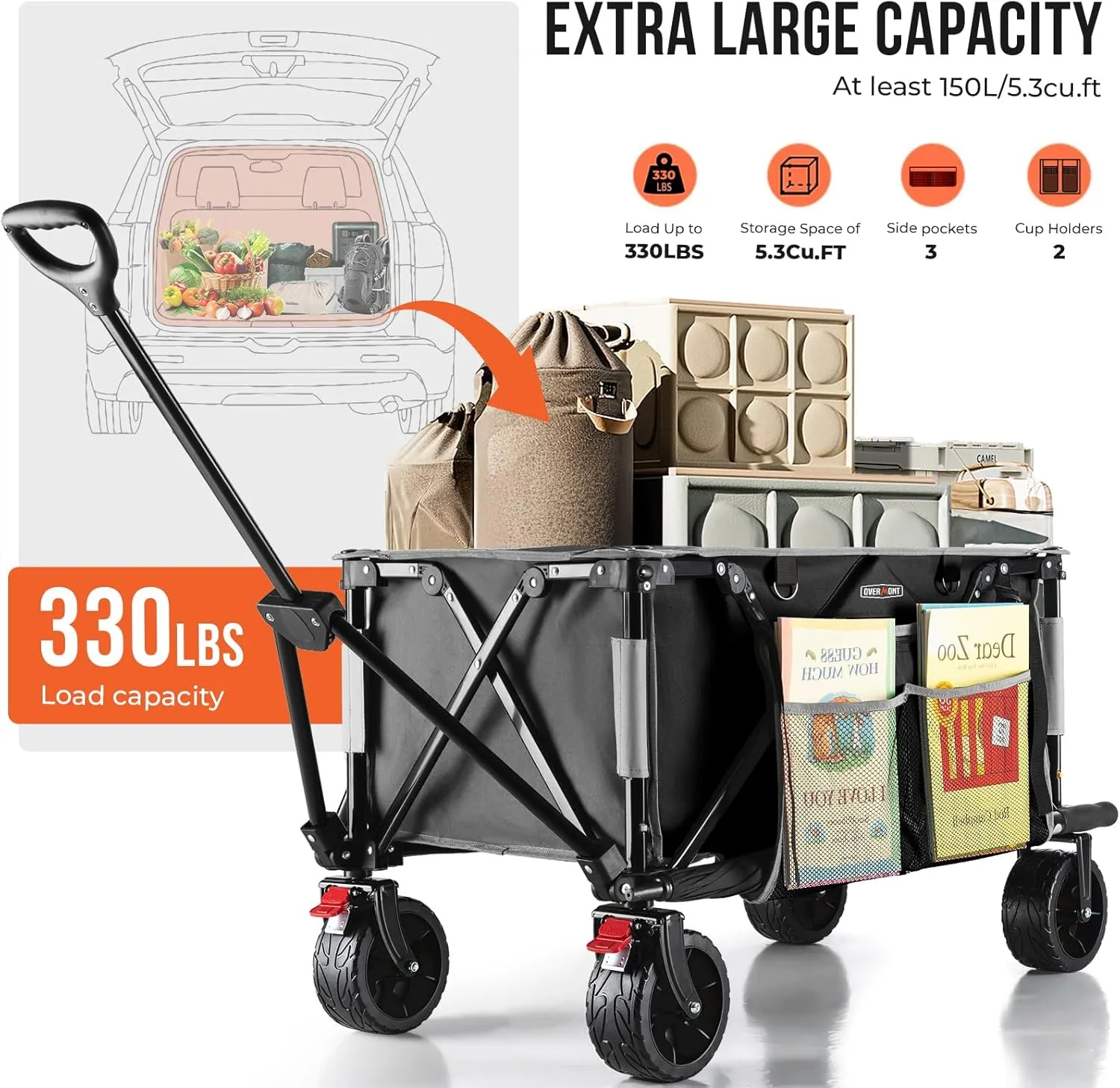 Overmont Collapsible Wagon Cart with Wheels - Foldable Heavy Duty Wagon with Big All-Terrain Wheels - 330Lbs Weight Capacity with Side Pockets for Camping Sports Garden Grocery Shopping Black