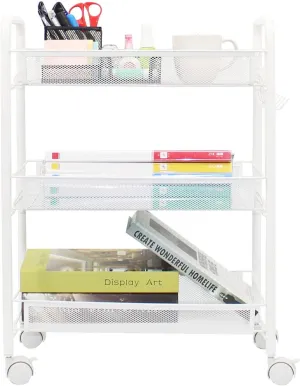 OVICAR Mesh Wire 3 Tier Rolling Cart, Kitchen Storage Utility Cart, Multifunction Basket Stand for Bathroom, Full Metal Storage Art Trolley Carts with Wheels & 4 Side Hooks (White)