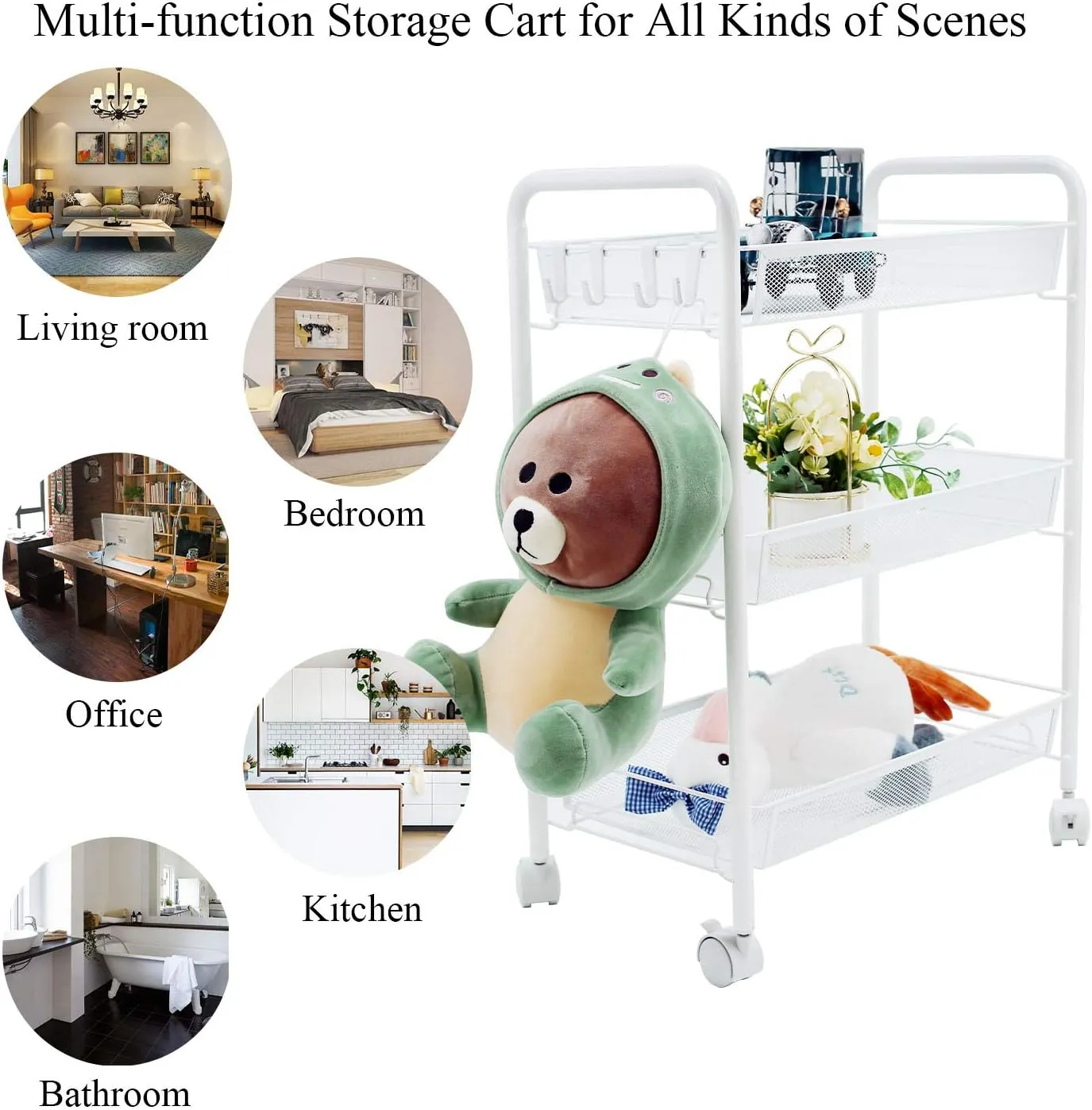 OVICAR Mesh Wire 3 Tier Rolling Cart, Kitchen Storage Utility Cart, Multifunction Basket Stand for Bathroom, Full Metal Storage Art Trolley Carts with Wheels & 4 Side Hooks (White)