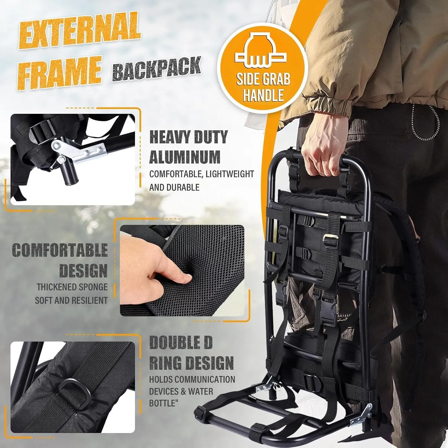 Pack Frames for Hunting, Foldable Hunting Pack Frame Hiking Backpack Frame, Hunting Backpack Frame Portable Backpack Accessories for Travel, Outdoor Activity - Black