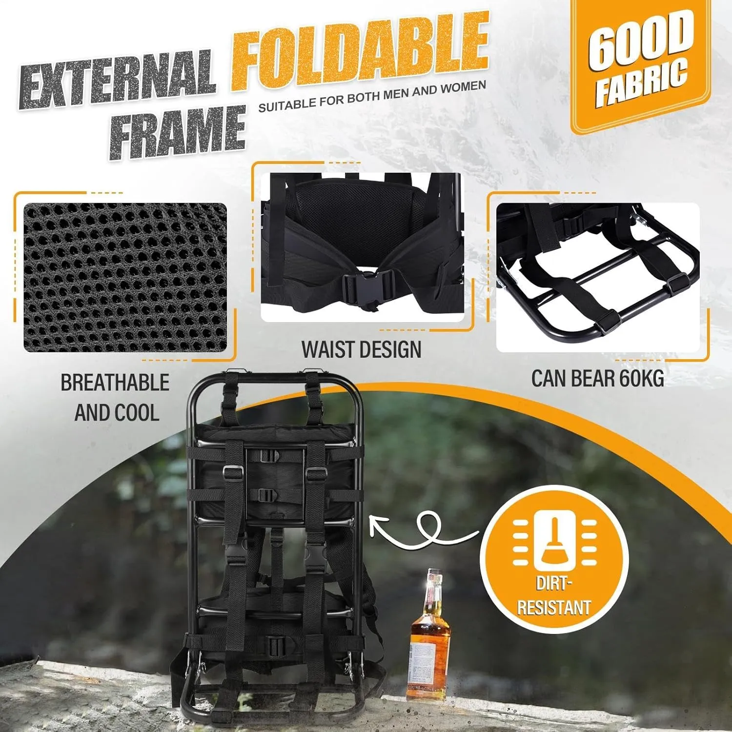 Pack Frames for Hunting, Foldable Hunting Pack Frame Hiking Backpack Frame, Hunting Backpack Frame Portable Backpack Accessories for Travel, Outdoor Activity - Black