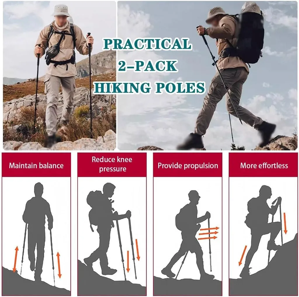 Pair of 2 Aluminum Hiking Sticks, Quick Locking Trekking Poles, for Seniors, Men, and Women, with Wrist Strap